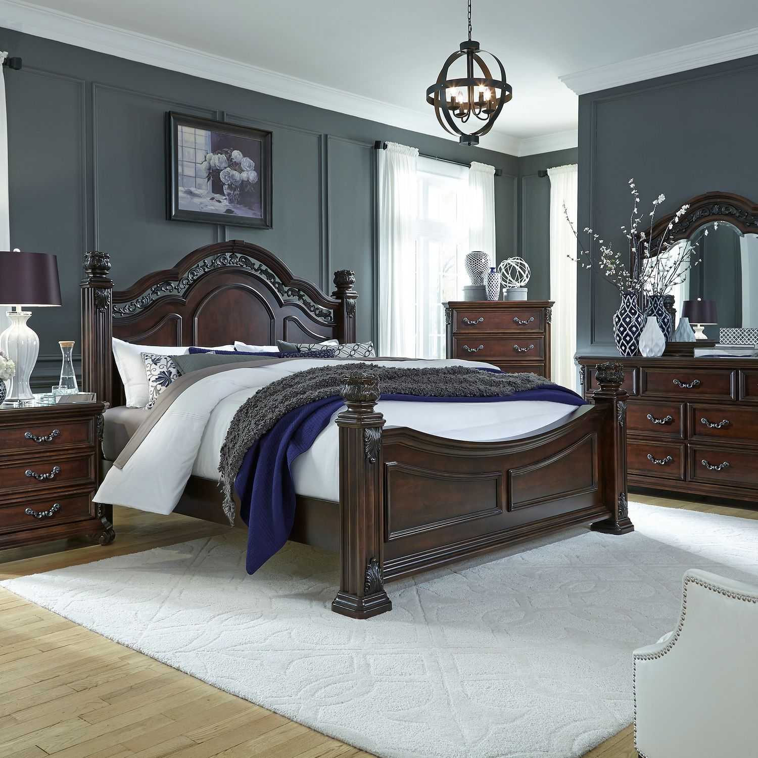 Australe King Poster Bed, Dresser & Mirror, Night Stand