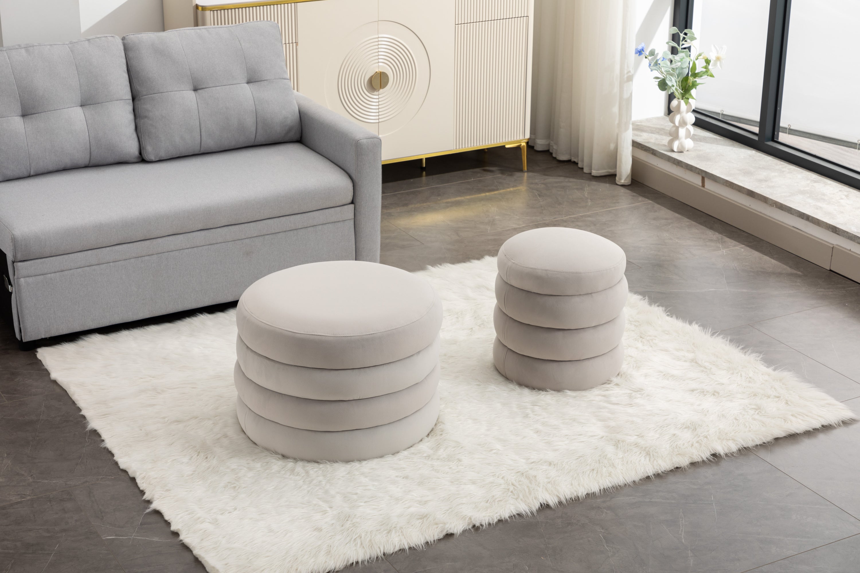 007-Boucle Fabric Storage Round Ottoman Footstool With Wooden Shelving,Ivory