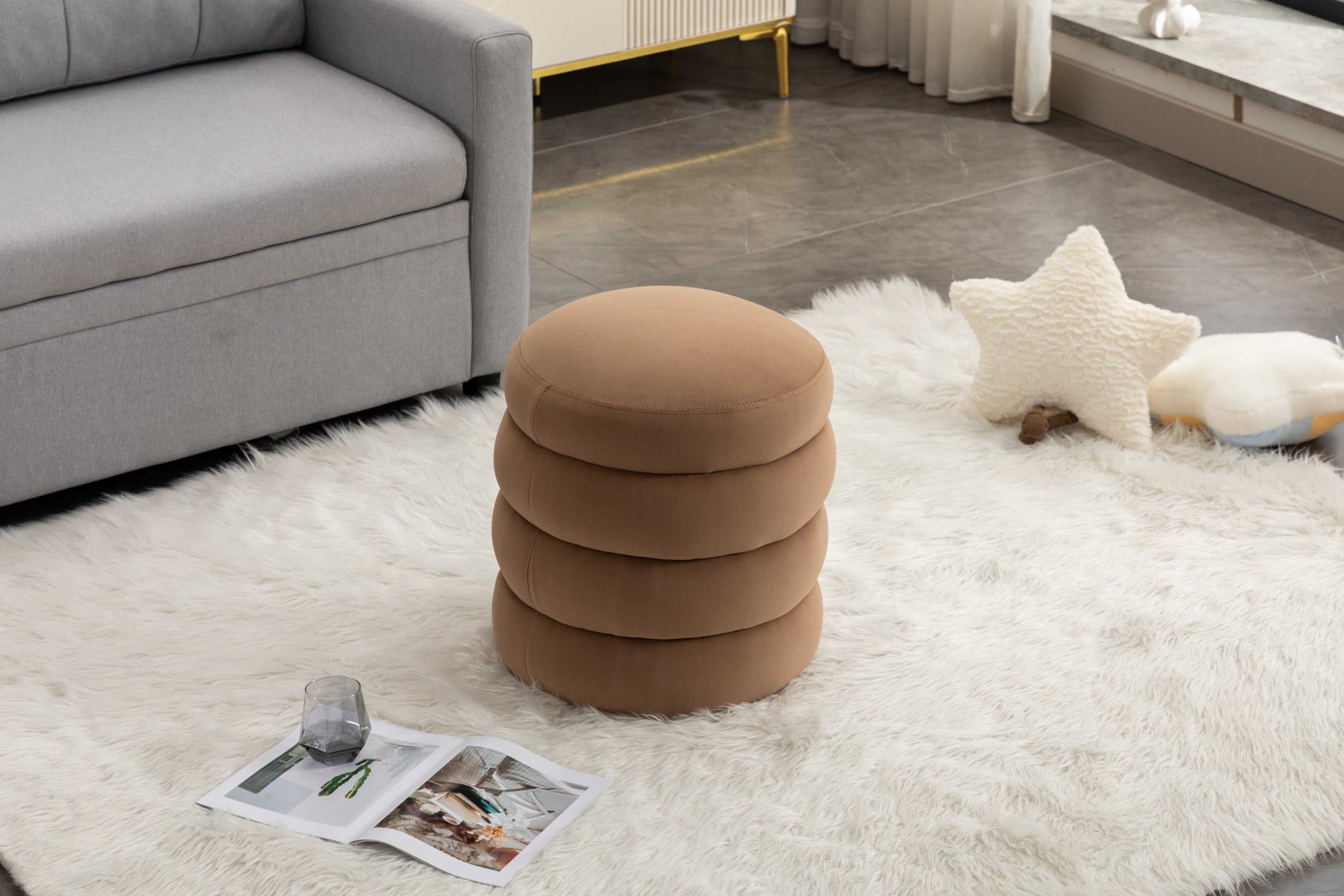 006-Soft Velvet Round Ottoman Footrest Stool,Coffee