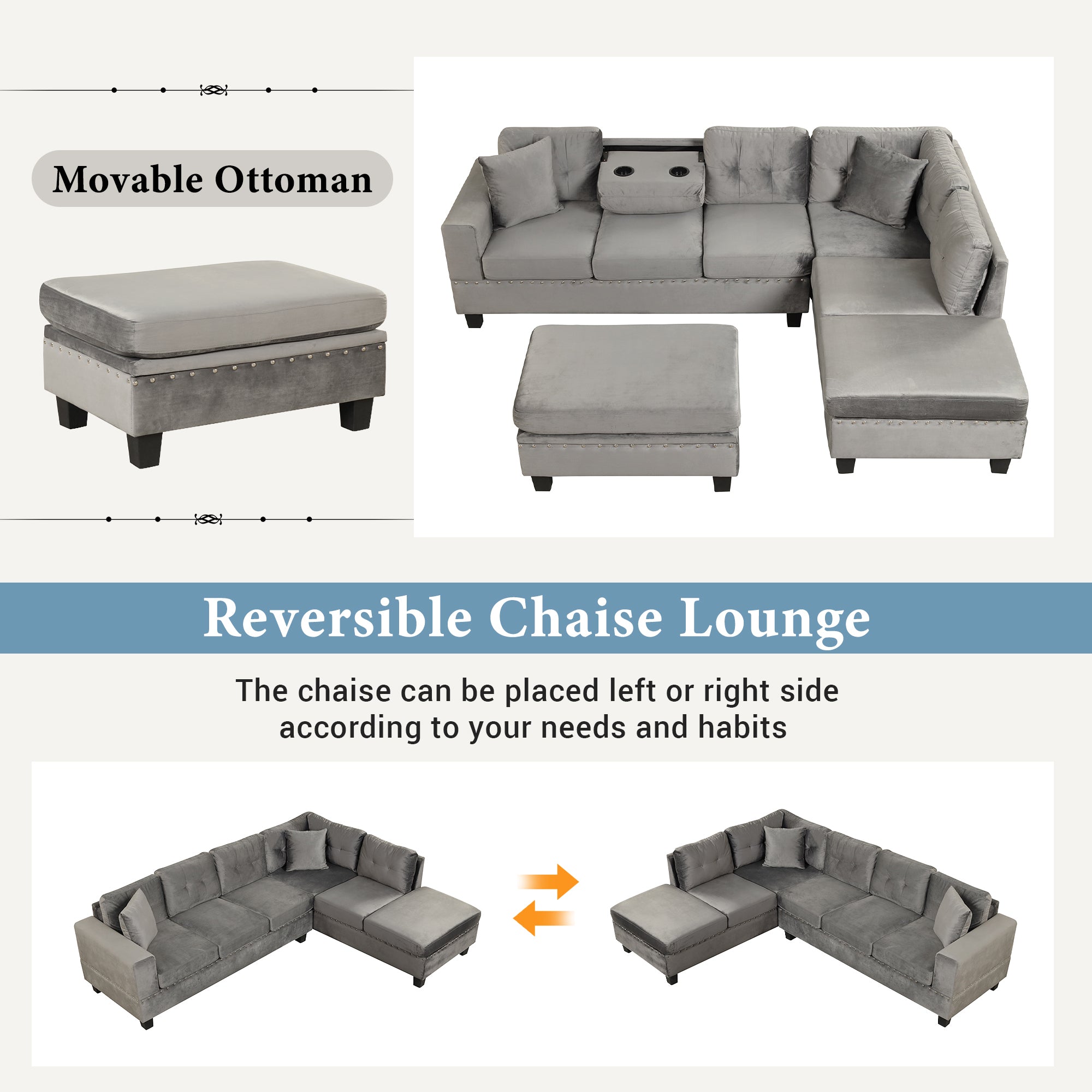 104.5" Modern Sectional Sofa with Storage Ottoman, L-Shape Couch with 2 Pillows and Cup Holder,Sectional Sofa with Reversible Chaise for Living Room,Gray