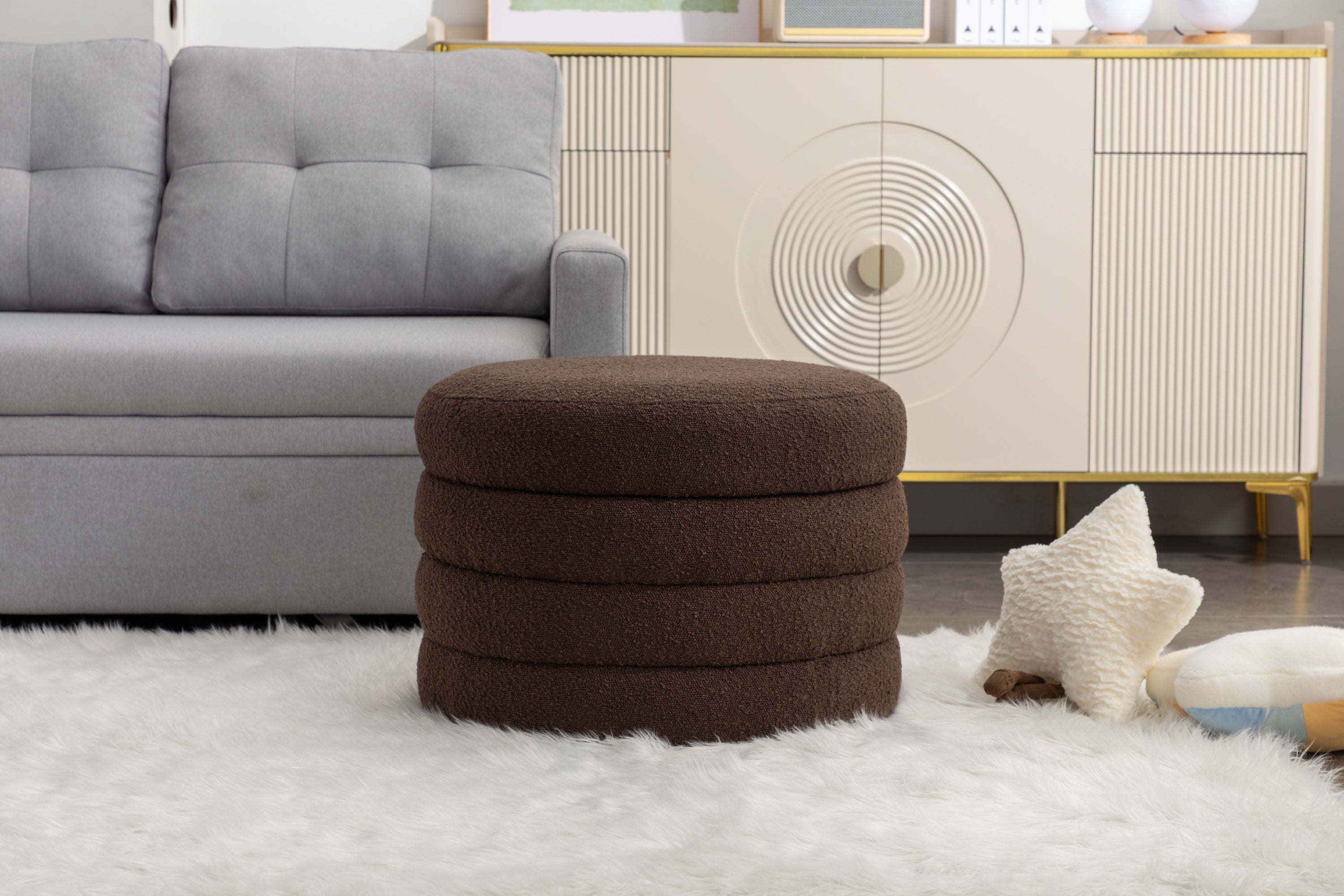 007-Boucle Fabric Storage Round Ottoman Footstool With Wooden Shelving,Brown