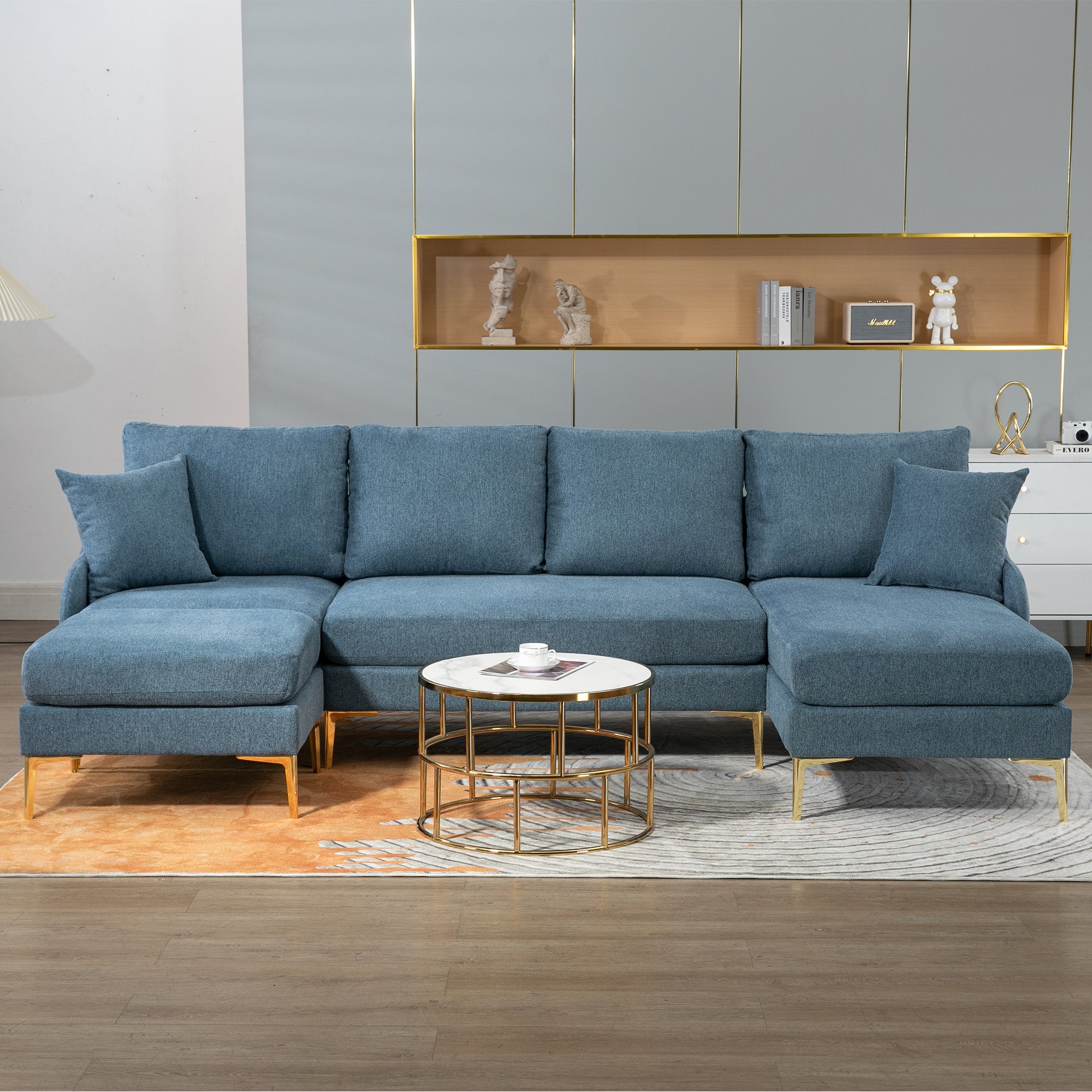 110'' Wide Reversible Left or Right Chaise of Sectional Sofa U-Shape Convertible Sofa Couch 4-Seat Couch with Chaise Lounge Upholstered for Living Room, Apartment, Office, Blue Polyester Blend