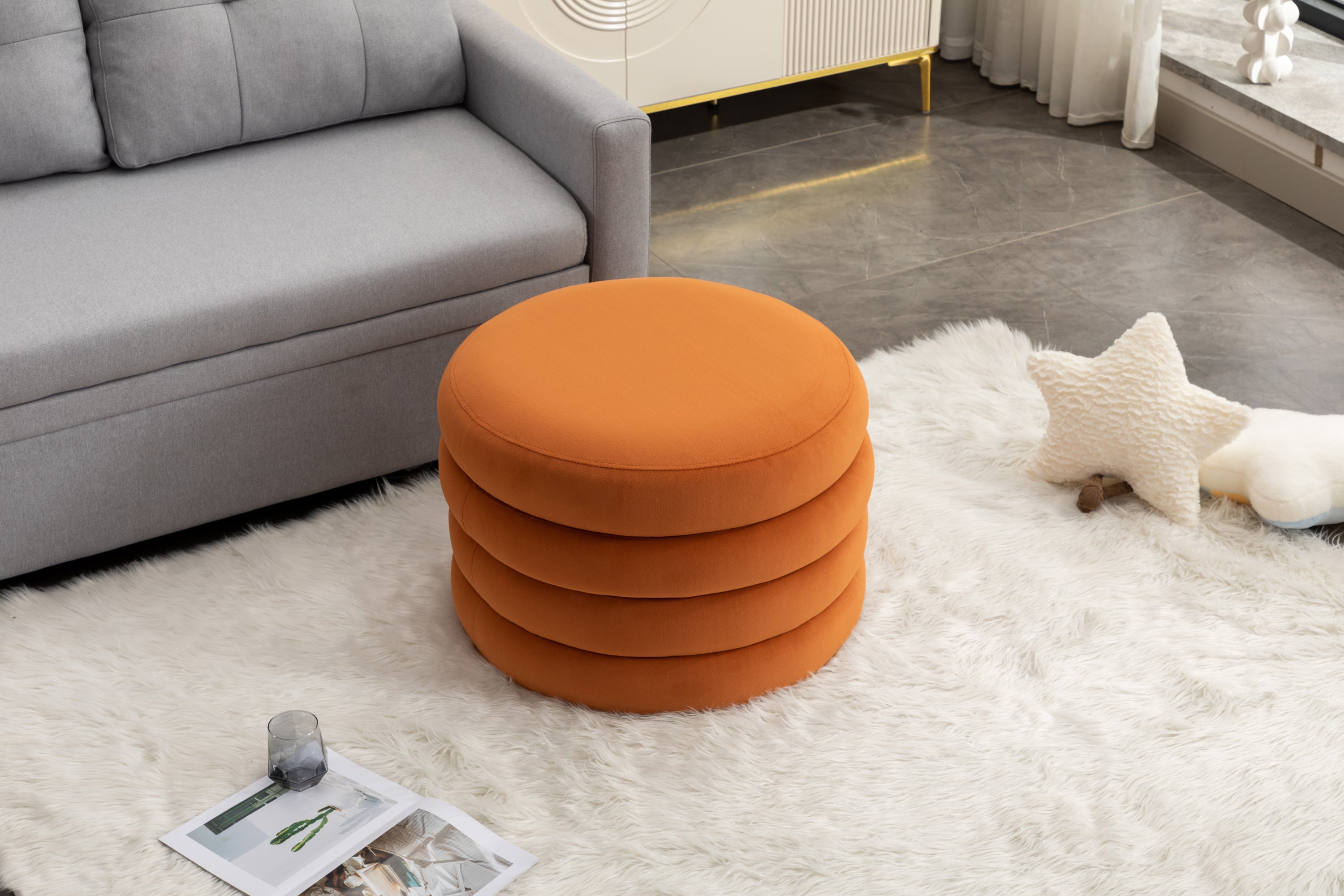 007-Velvet Fabric Storage Round Ottoman Footstool With Wooden Shelving,Orange