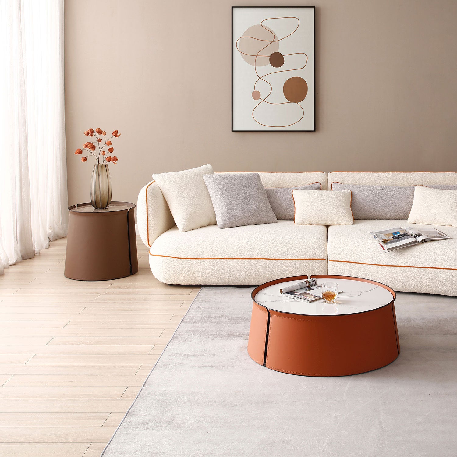 (NOT available on wayfair) 31.5inch Coffee Table, Marble Top+Orange Saddle Leather Body+Iron Frame