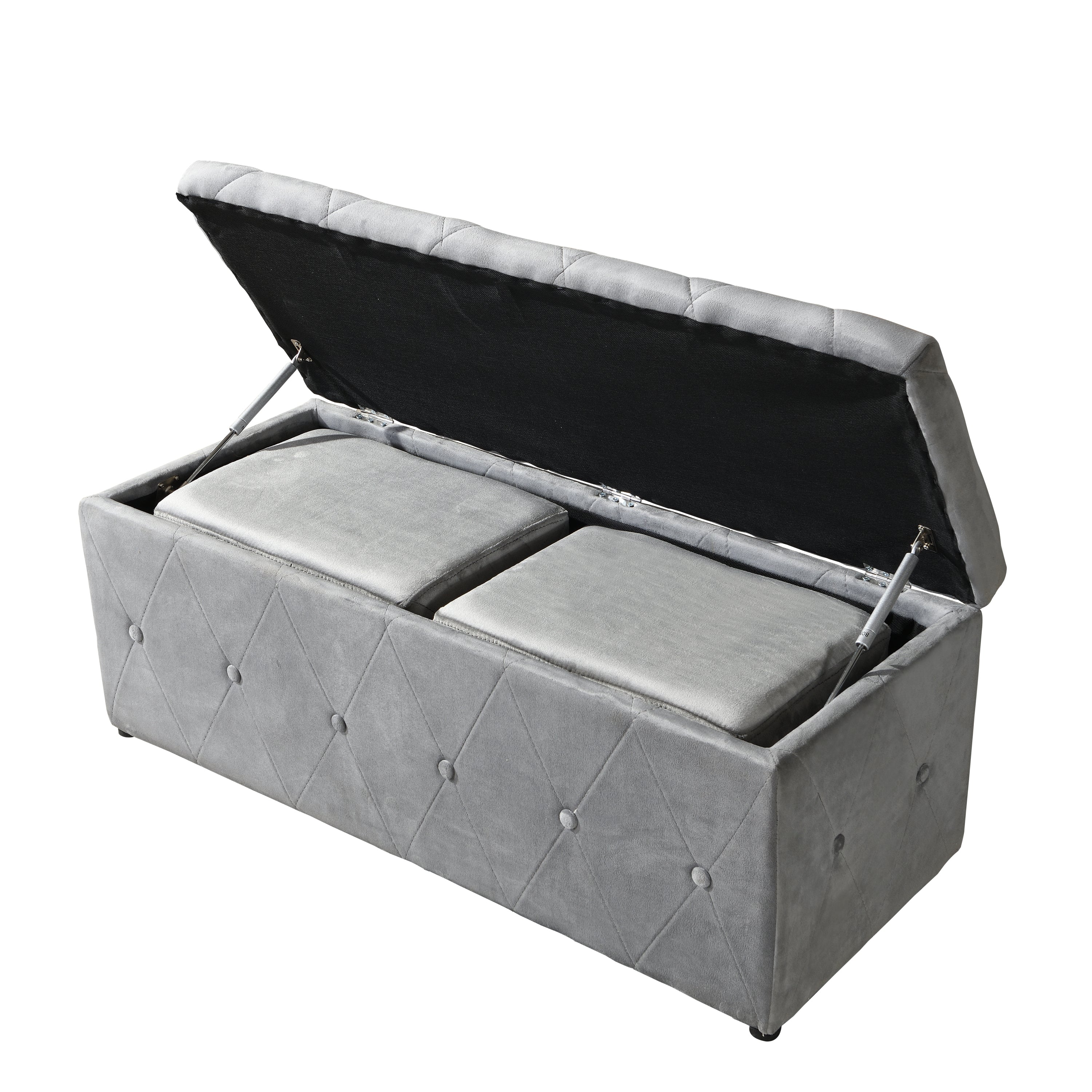 1 Piece Rectangular Storage Ottoman Short velvet with 2 Set Ottomans (Light Gray)