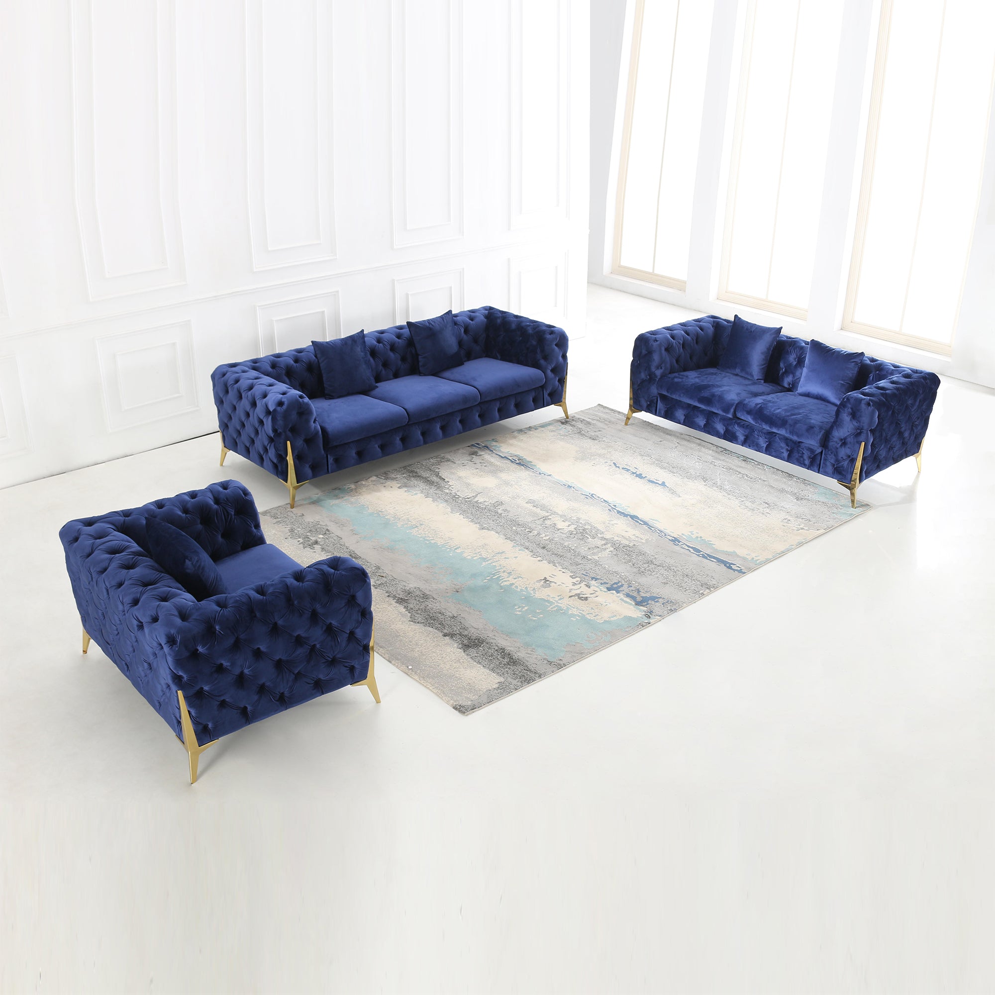 August Grove Living Room Set Sofa Lovesweat Armchair Blue