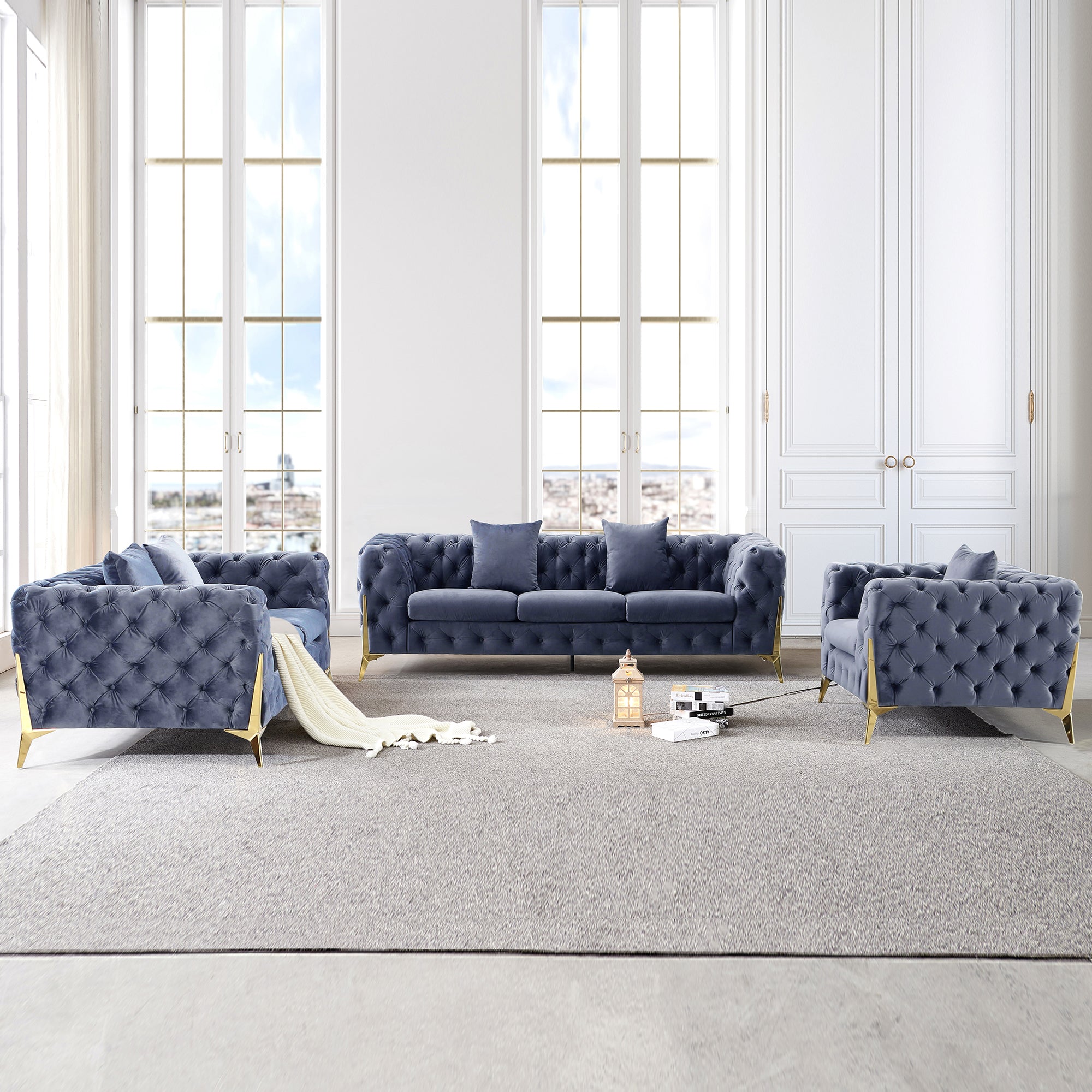 August Grove Living Room Set Sofa Lovesweat Armchair Grey