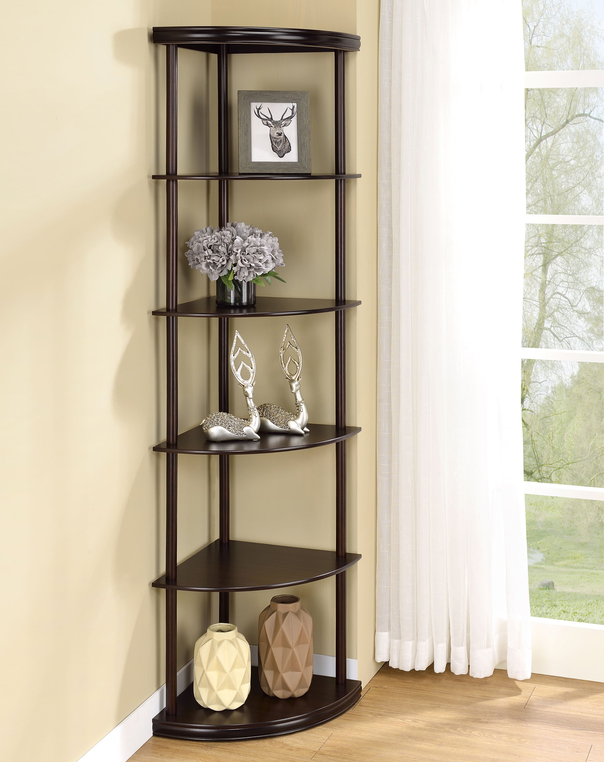 Bonwick 5-shelf Corner Bookshelf Cappuccino Corner Bookcase Brown