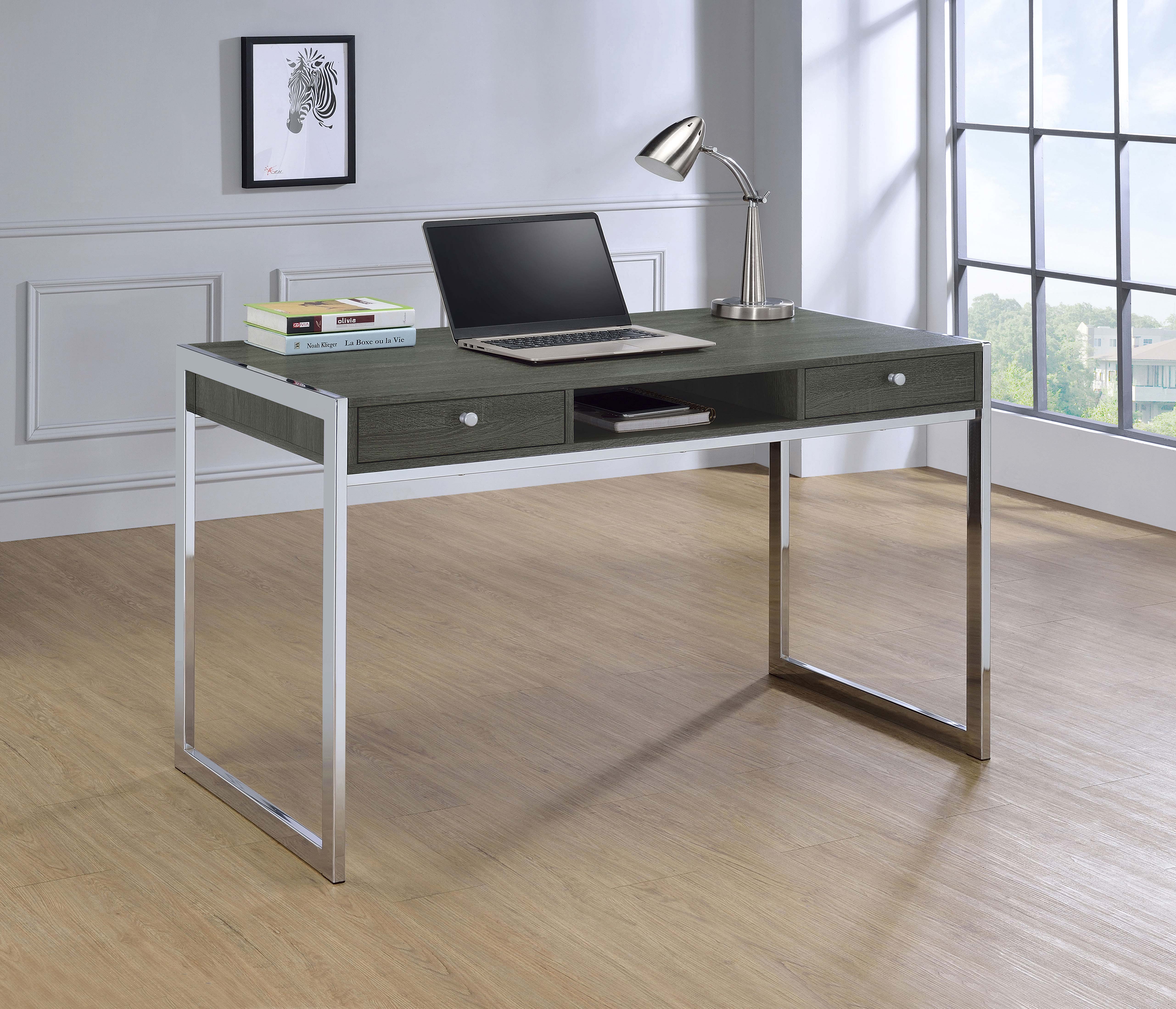 Antojuan 2-drawer Writing Desk Weathered Grey and Chrome Writing Desk Grey