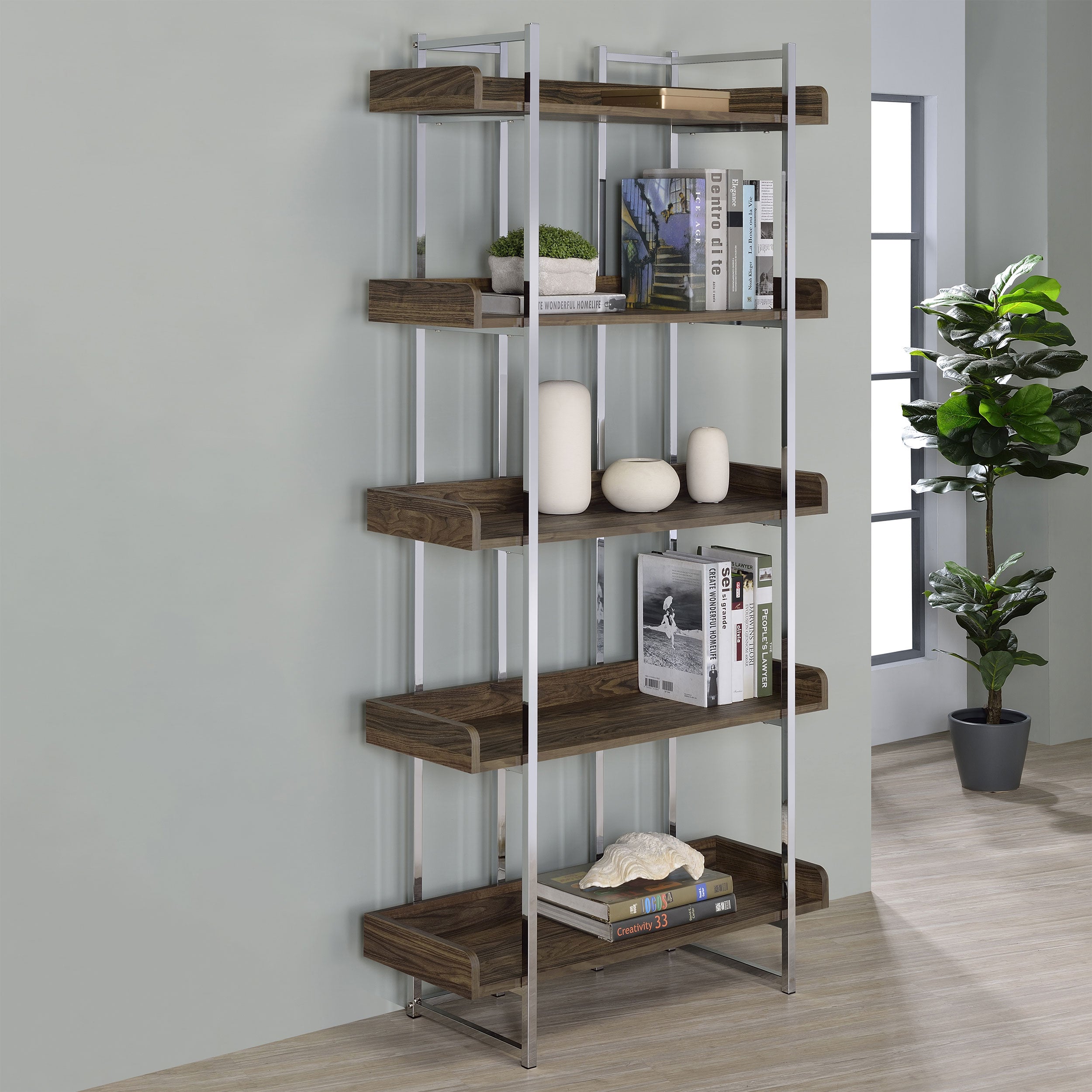 Angelica 5-shelf Bookcase Walnut and Chrome