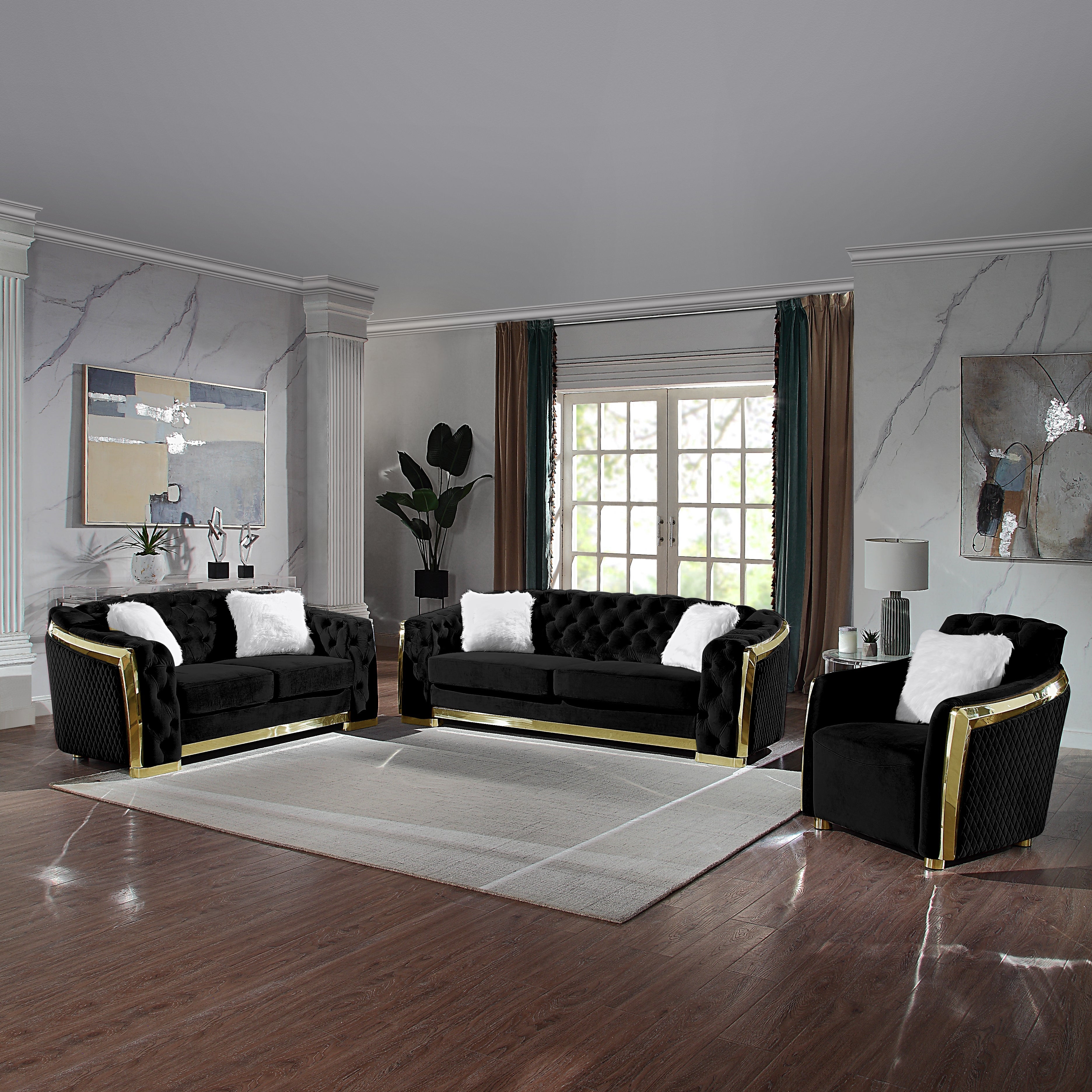 August Grove Living Room Set Sofa Lovesweat Armchair Black