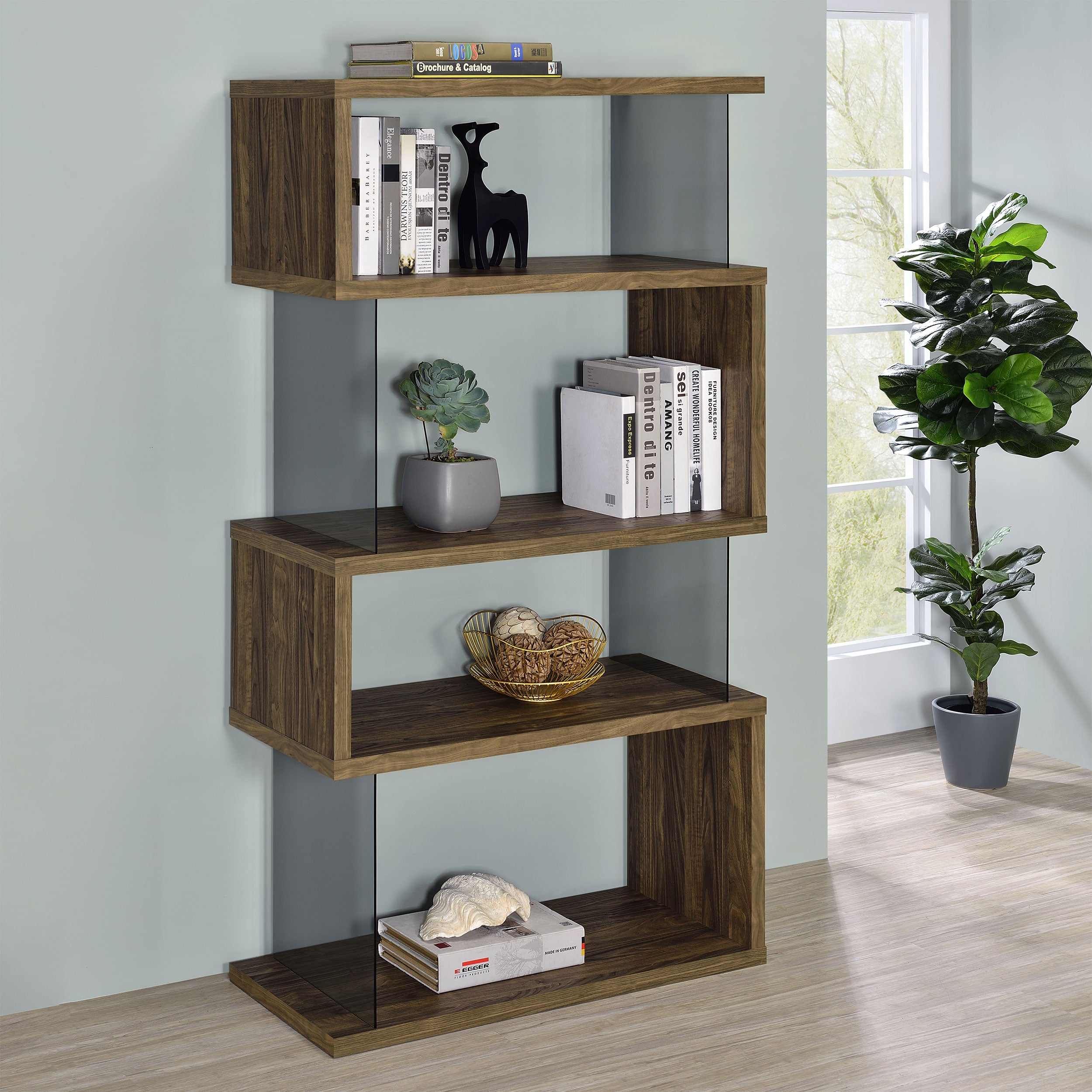 Emelle 4-shelf Bookcase with Glass Panels Bookcase Brown