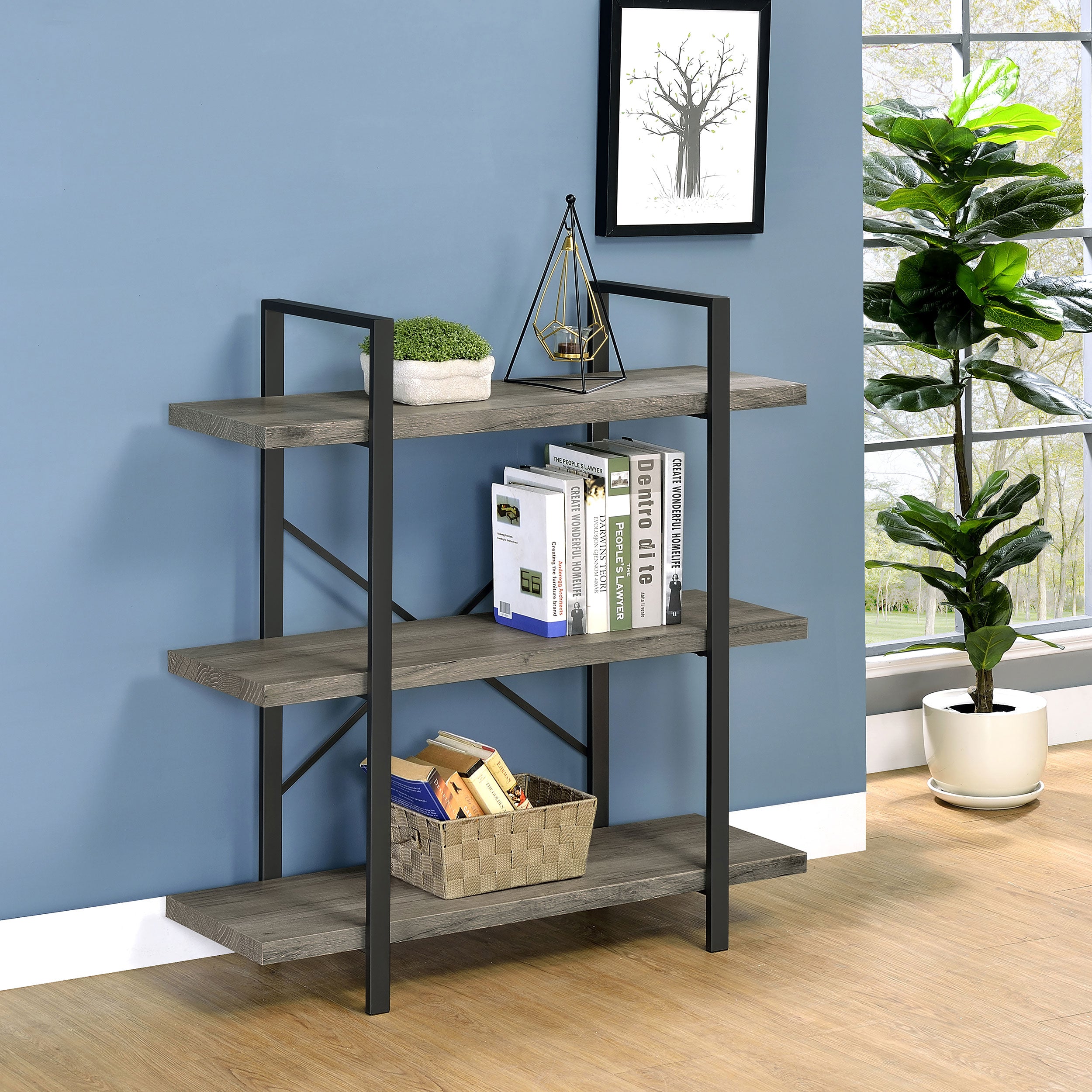 Cole 3-Shelf Bookcase Grey Driftwood and Gunmetal