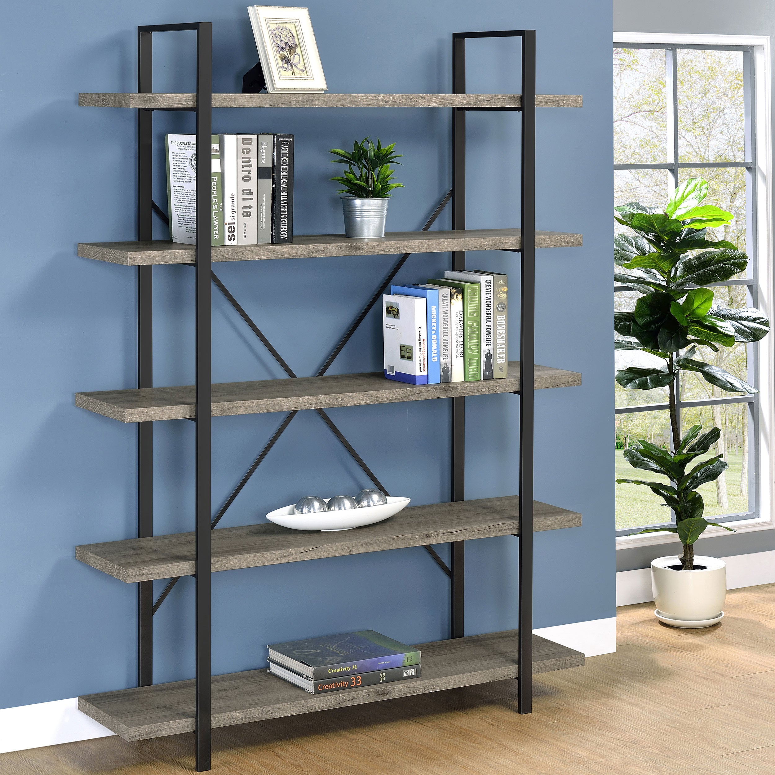 Cole 5-Shelf Bookcase Grey Driftwood and Gunmetal