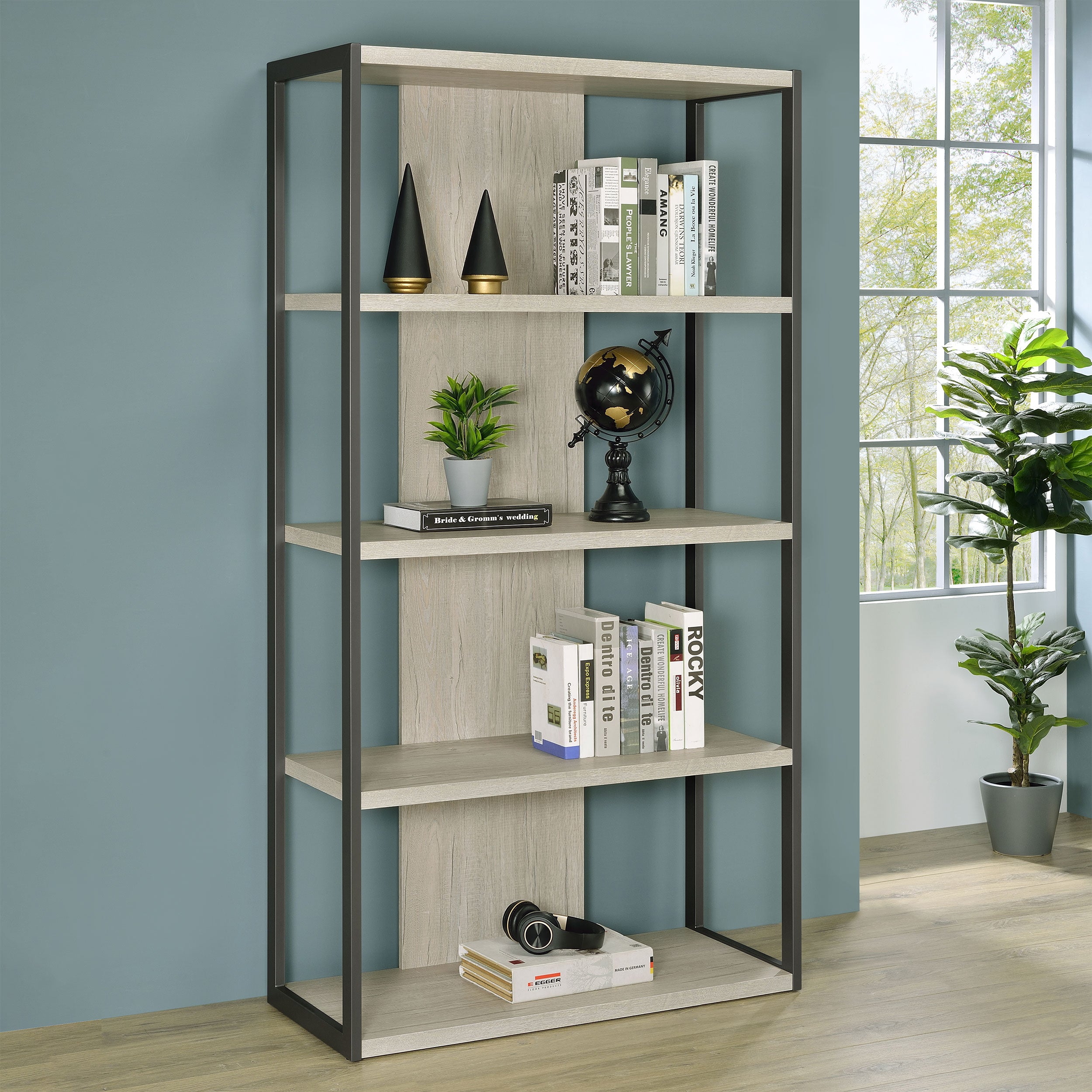 Riesha 4-shelf Bookcase Whitewashed Grey Bookcase Grey