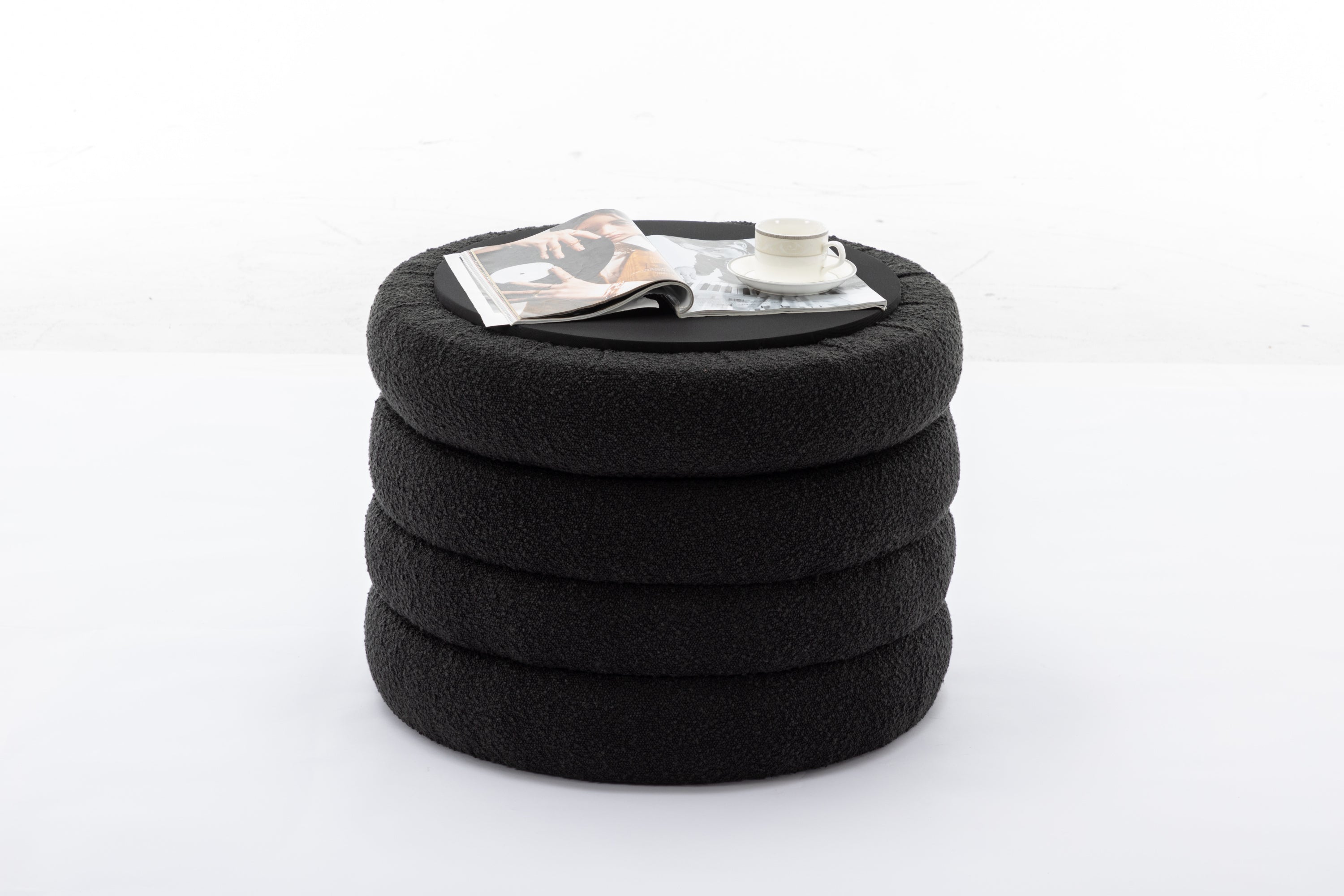 007-Boucle Fabric Storage Round Ottoman Footstool With Wooden Shelving,Black