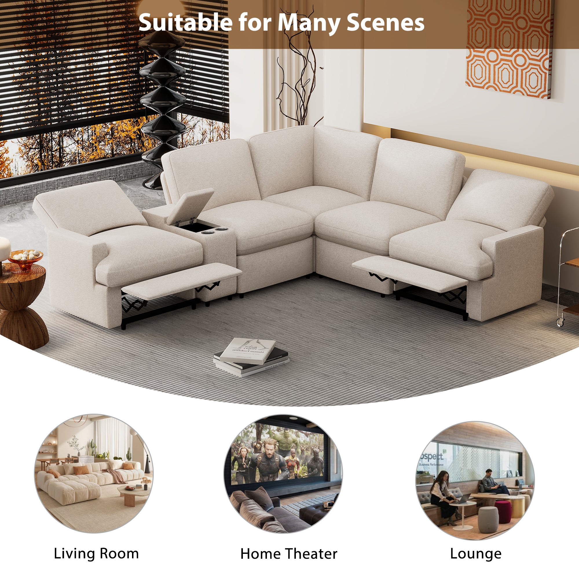 104'' Power Recliner Corner Sofa Home Theater Reclining Sofa Sectional Couches with Storage Box, Cup Holders, USB Ports and Power Socket for Living Room, Beige