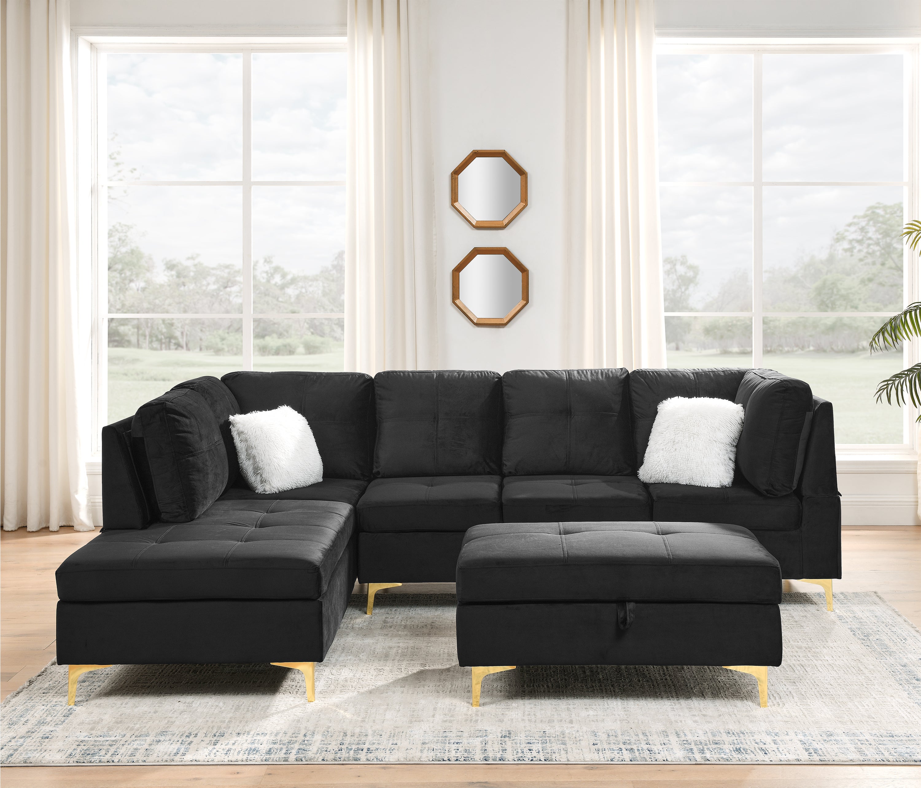 103" Velvet Sectional Sofa, L Shape Corner Couch with Storage Ottoman for Living Room, Black Fabric, Pocket Coil Spring in Seats, Chaise face Left