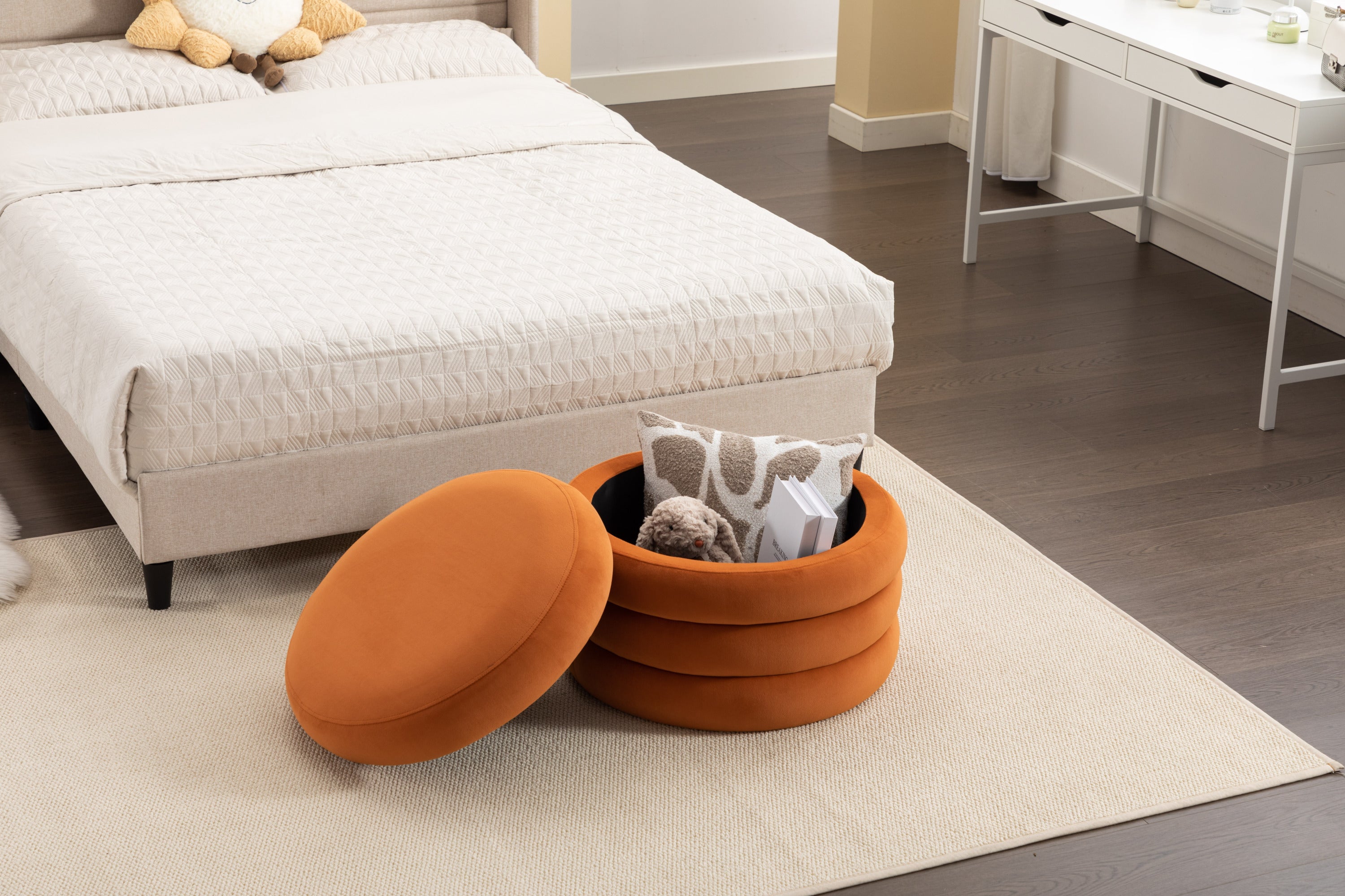 007-Velvet Fabric Storage Round Ottoman Footstool With Wooden Shelving,Orange