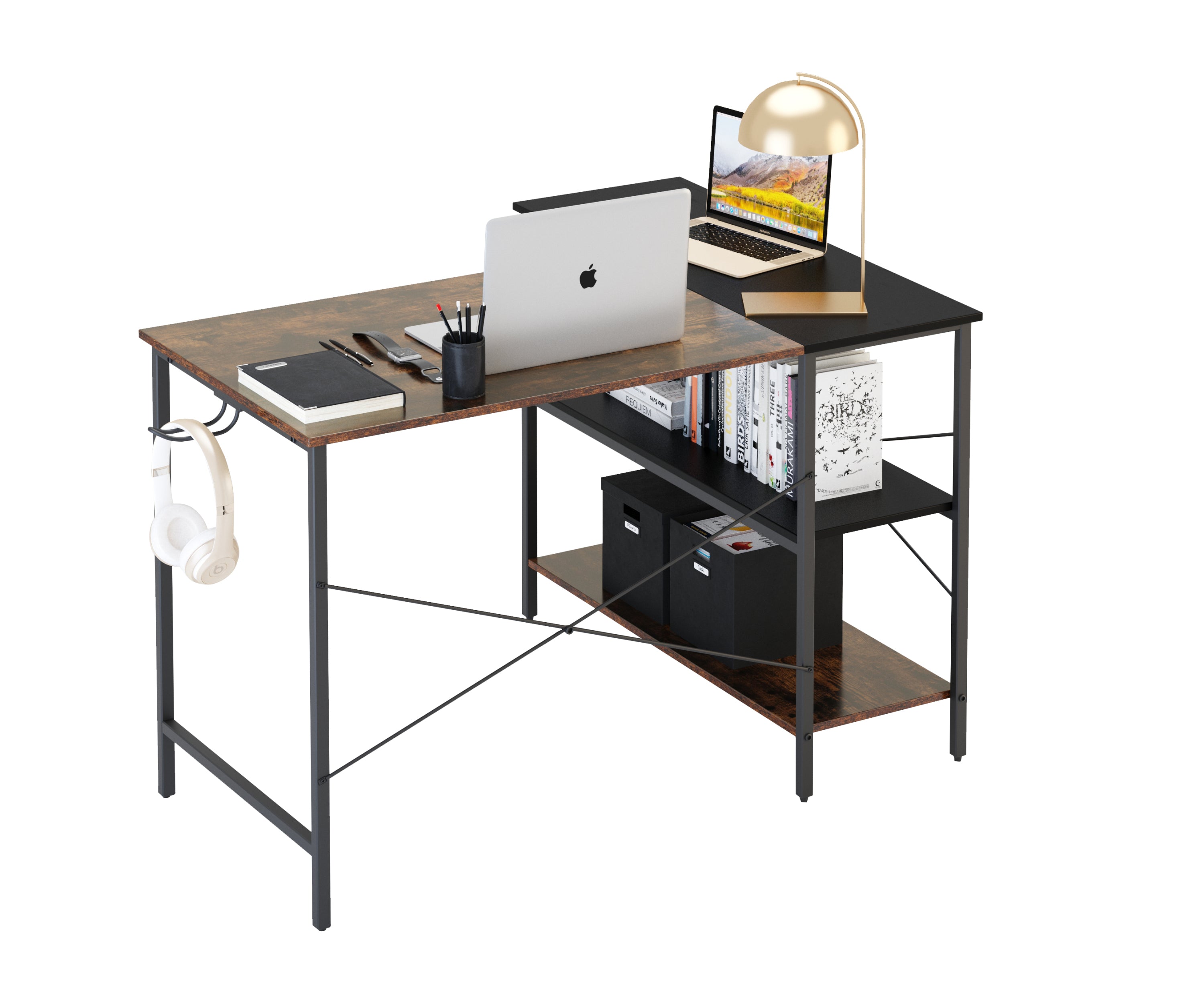 (West America Express shipping warehouse，two days to deliver goods)L-shaped black linen + retro double color matching desk