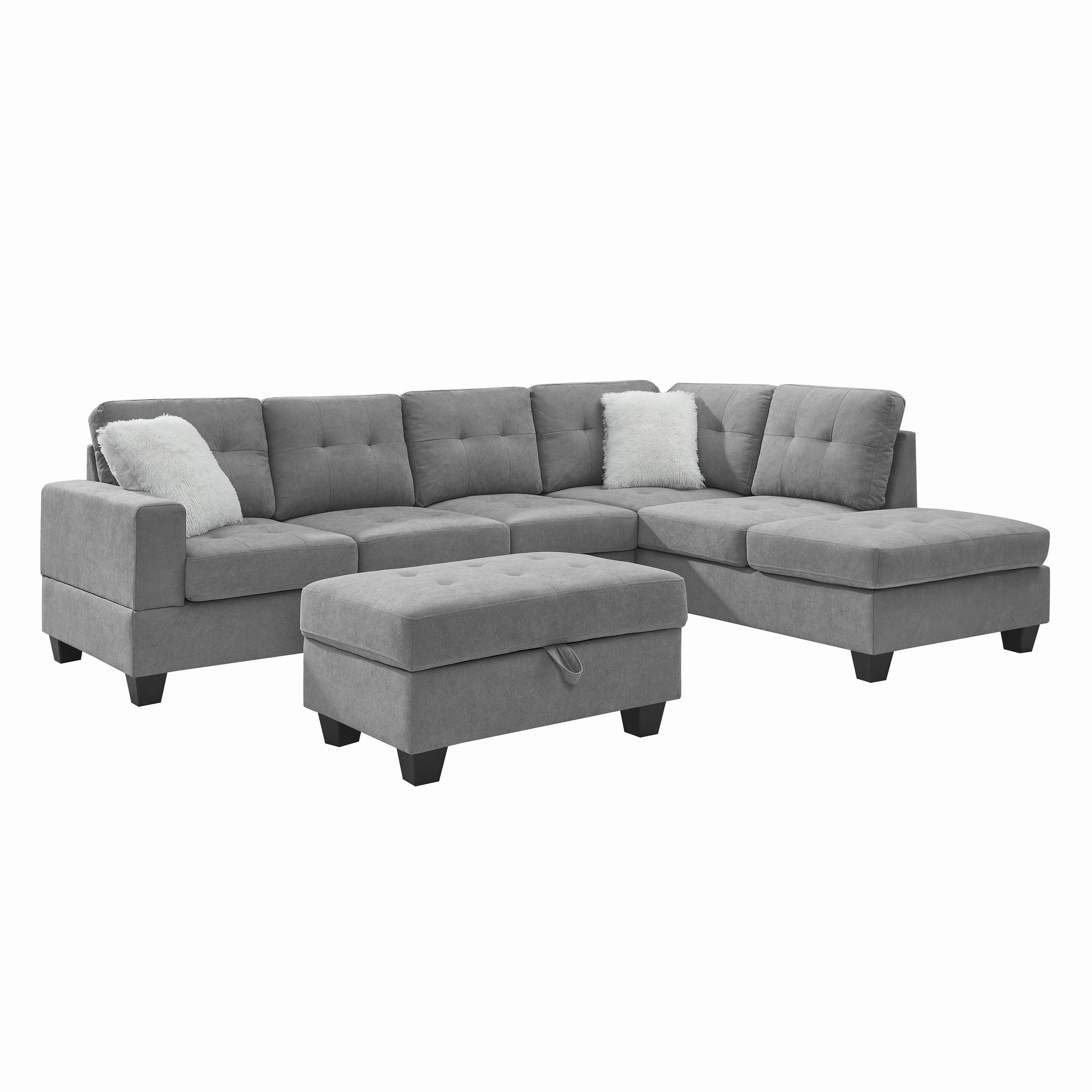 107" Fabric Sectional Sofa Couch with Storage Ottoman, L Shape sofa with Folded Cup Holder Panel for Living Room, Light Gray, Pocket Coil Spring in Seats