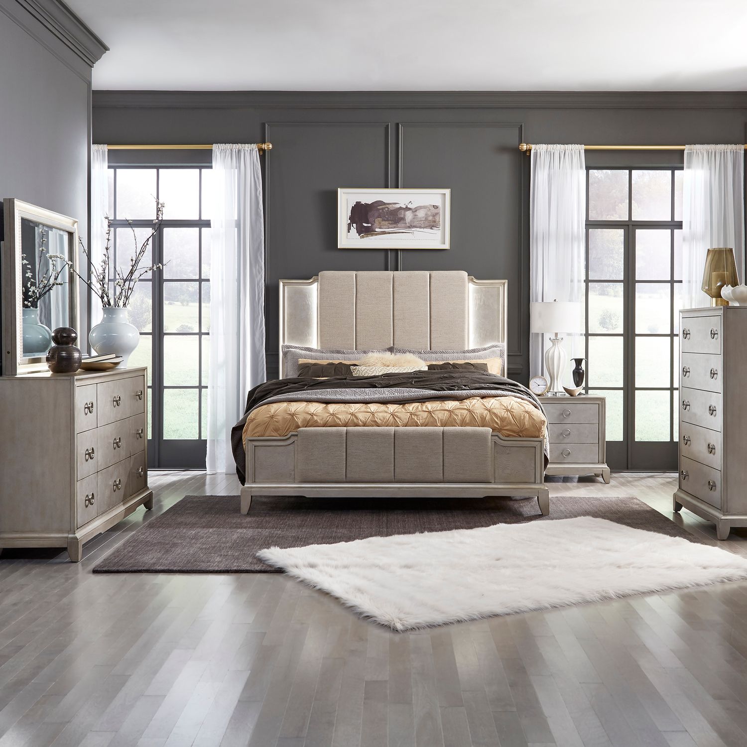 Ameriie King California Upholstered Bed, Dresser & Mirror, Chest, Night Stand