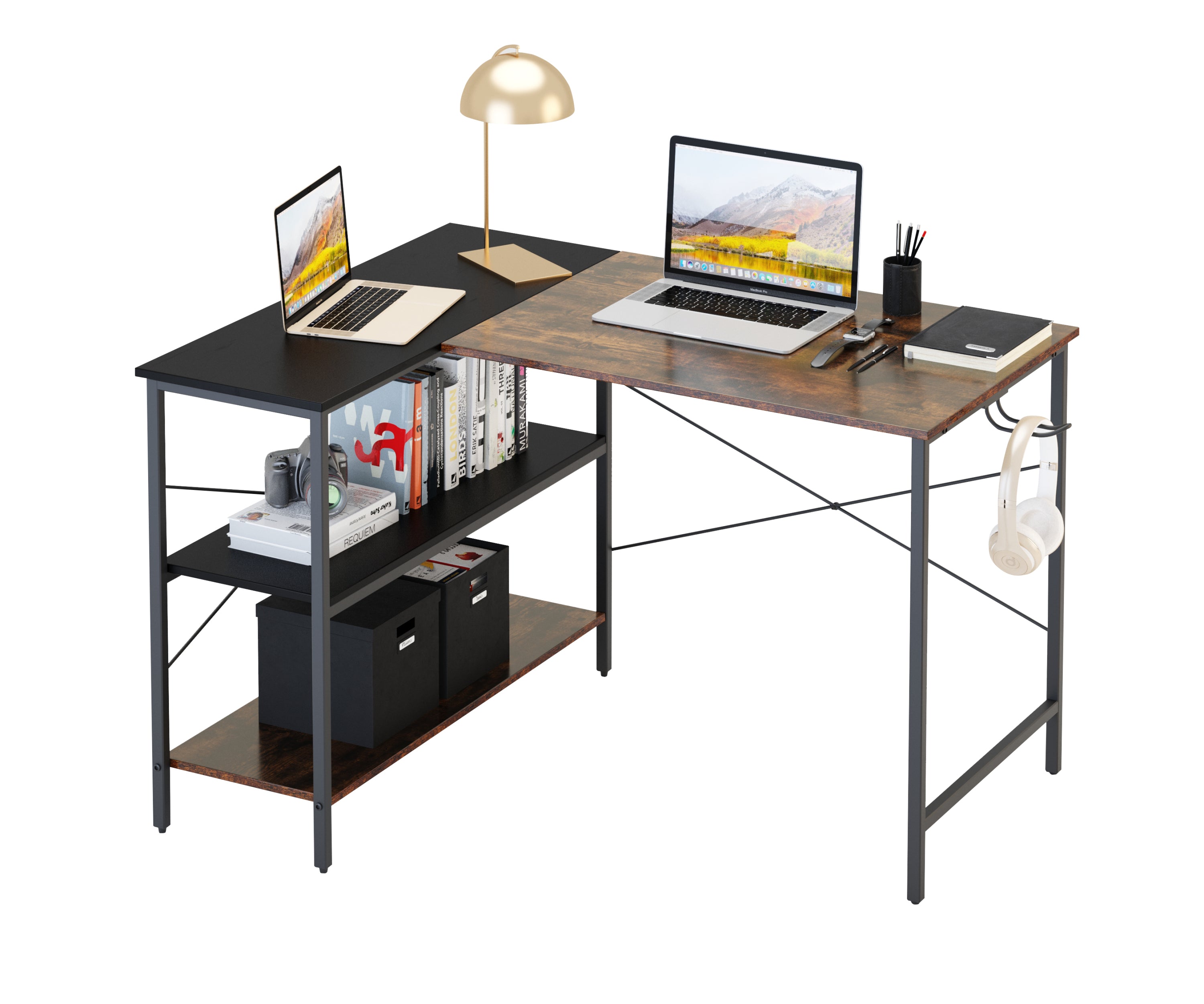 (West America Express shipping warehouse，two days to deliver goods)L-shaped black linen + retro double color matching desk