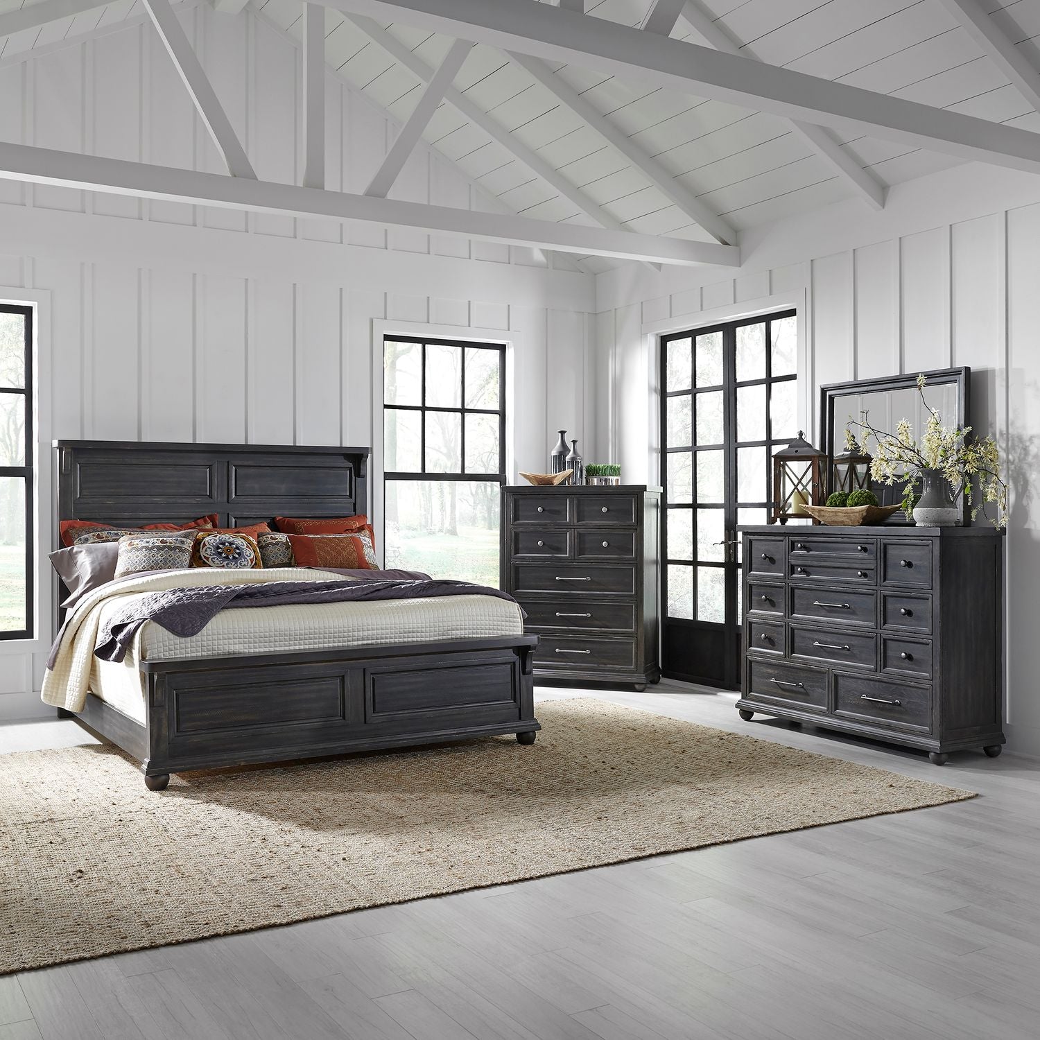 Amerigo King California Panel Bed, Dresser & Mirror, Chest