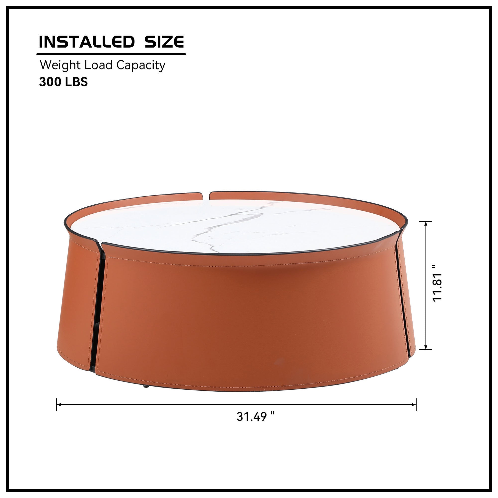 (NOT available on wayfair) 31.5inch Coffee Table, Marble Top+Orange Saddle Leather Body+Iron Frame