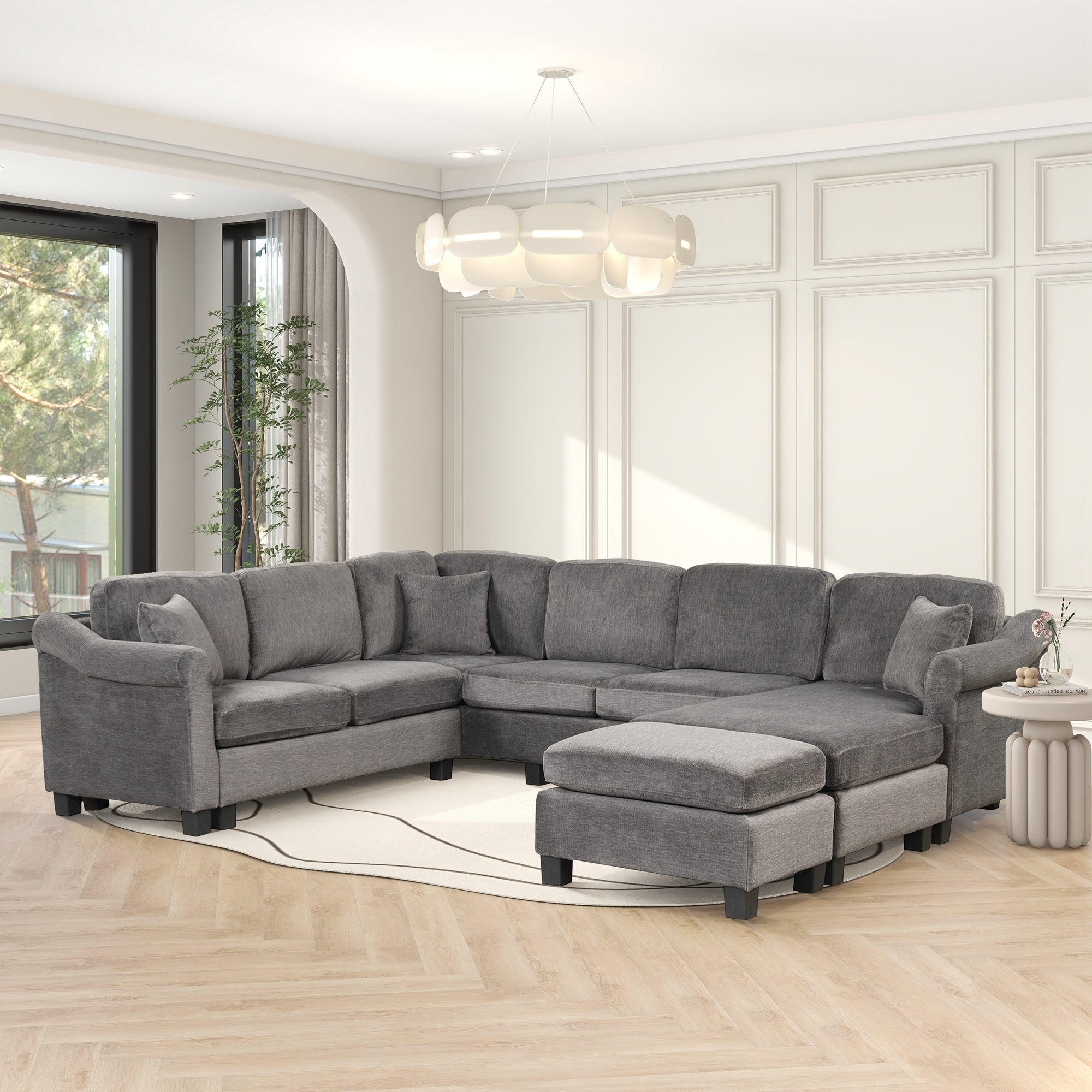 122.1" *91.3" 4pcs Sectional Sofa with Ottoman with Right Side Chaise velvet fabric Dark Gray