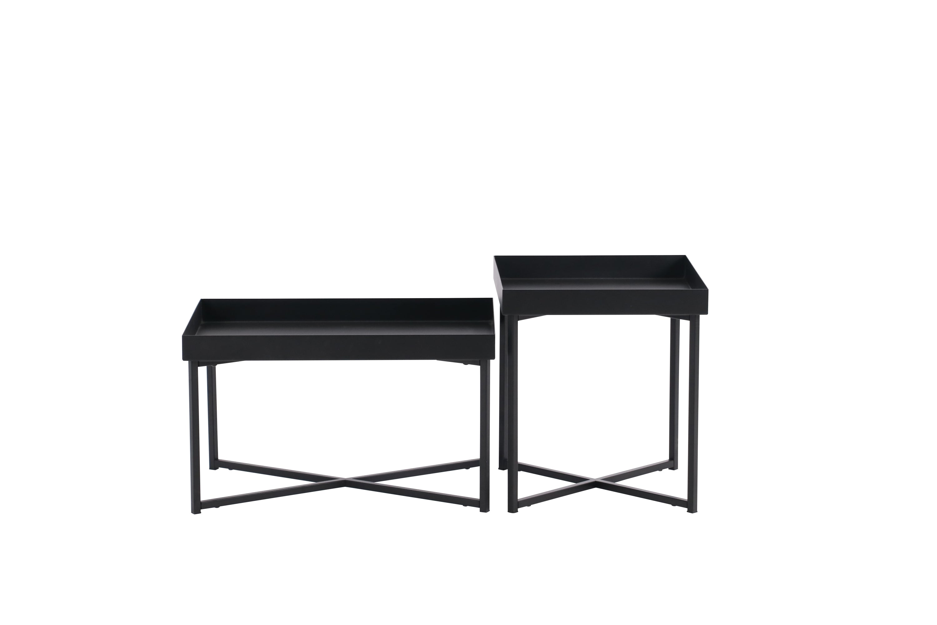 14 H x 24 W x 16 D Black Modern Set of 2 Steel Coffee Tables with Base Levelers, and Raised Edges