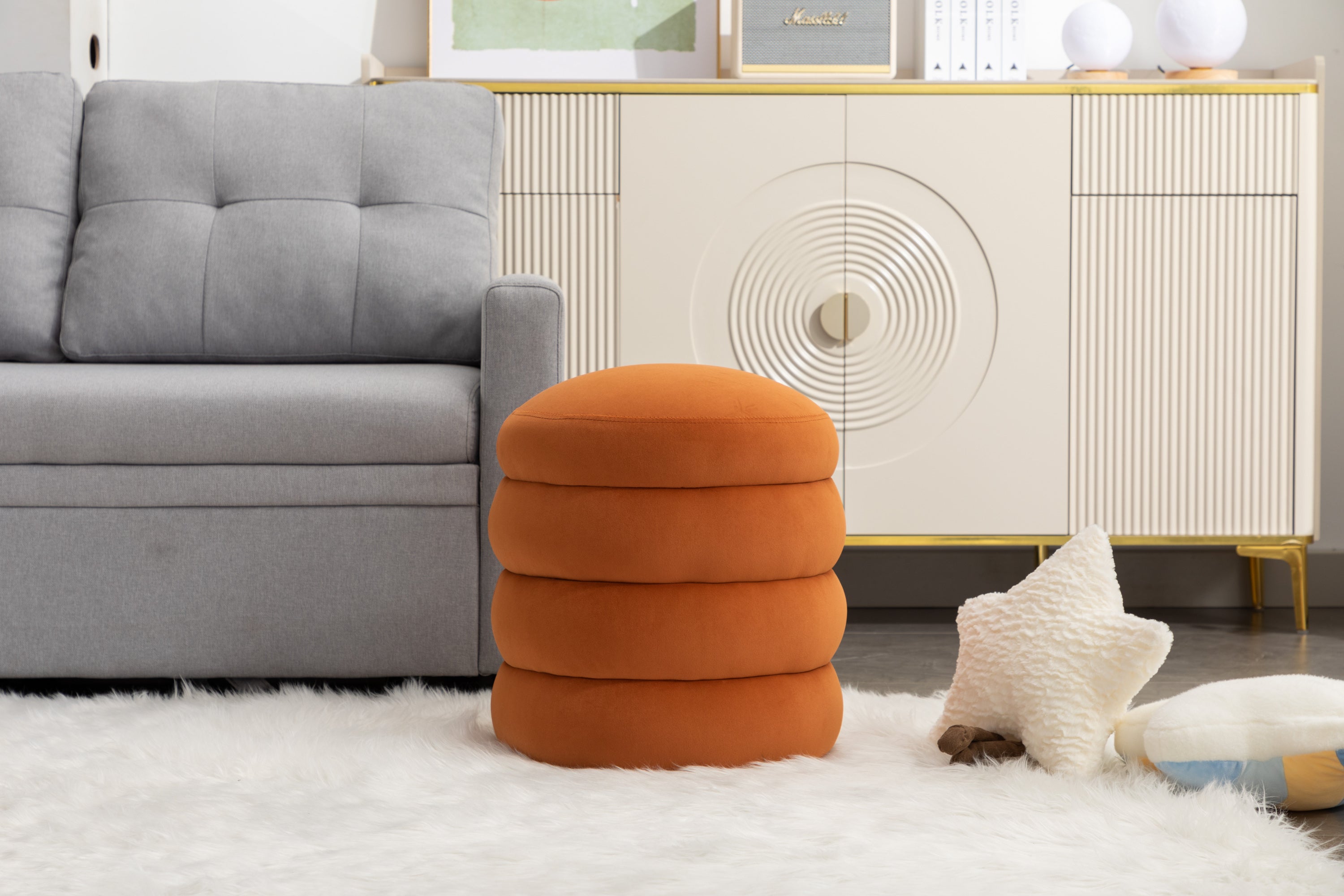 006-Soft Velvet Round Ottoman Footrest Stool,Orange