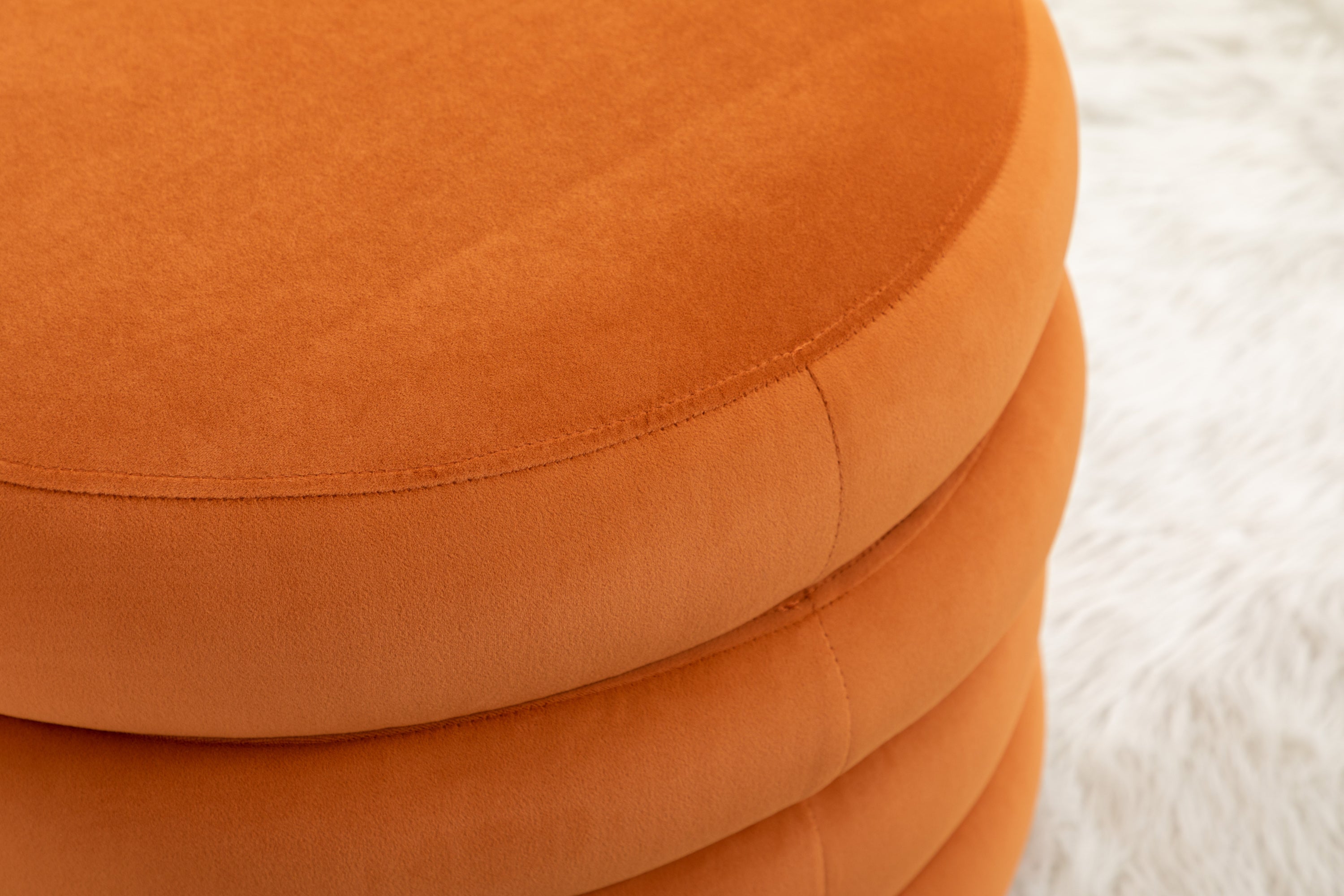 007-Velvet Fabric Storage Round Ottoman Footstool With Wooden Shelving,Orange