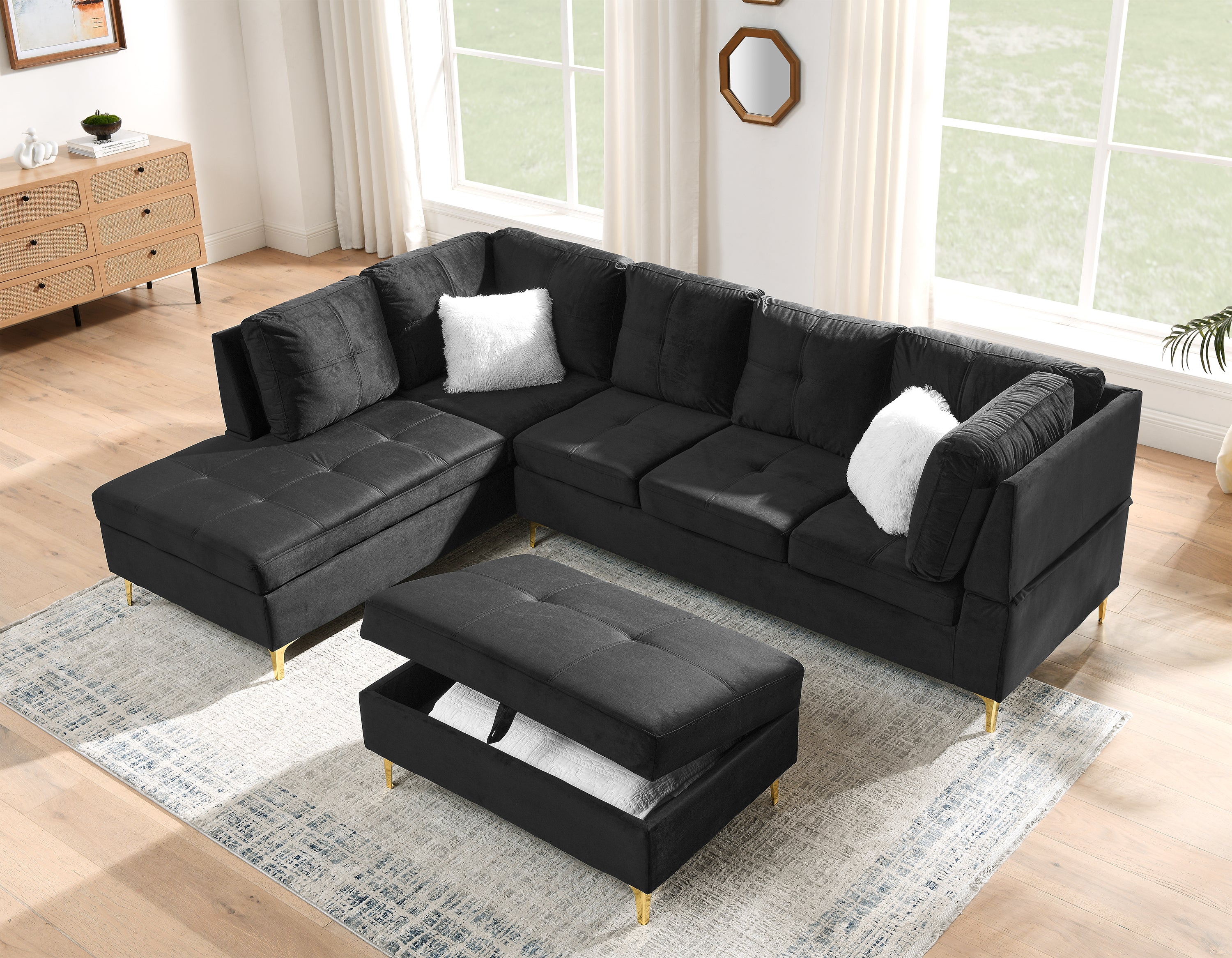 103" Velvet Sectional Sofa, L Shape Corner Couch with Storage Ottoman for Living Room, Black Fabric, Pocket Coil Spring in Seats, Chaise face Left