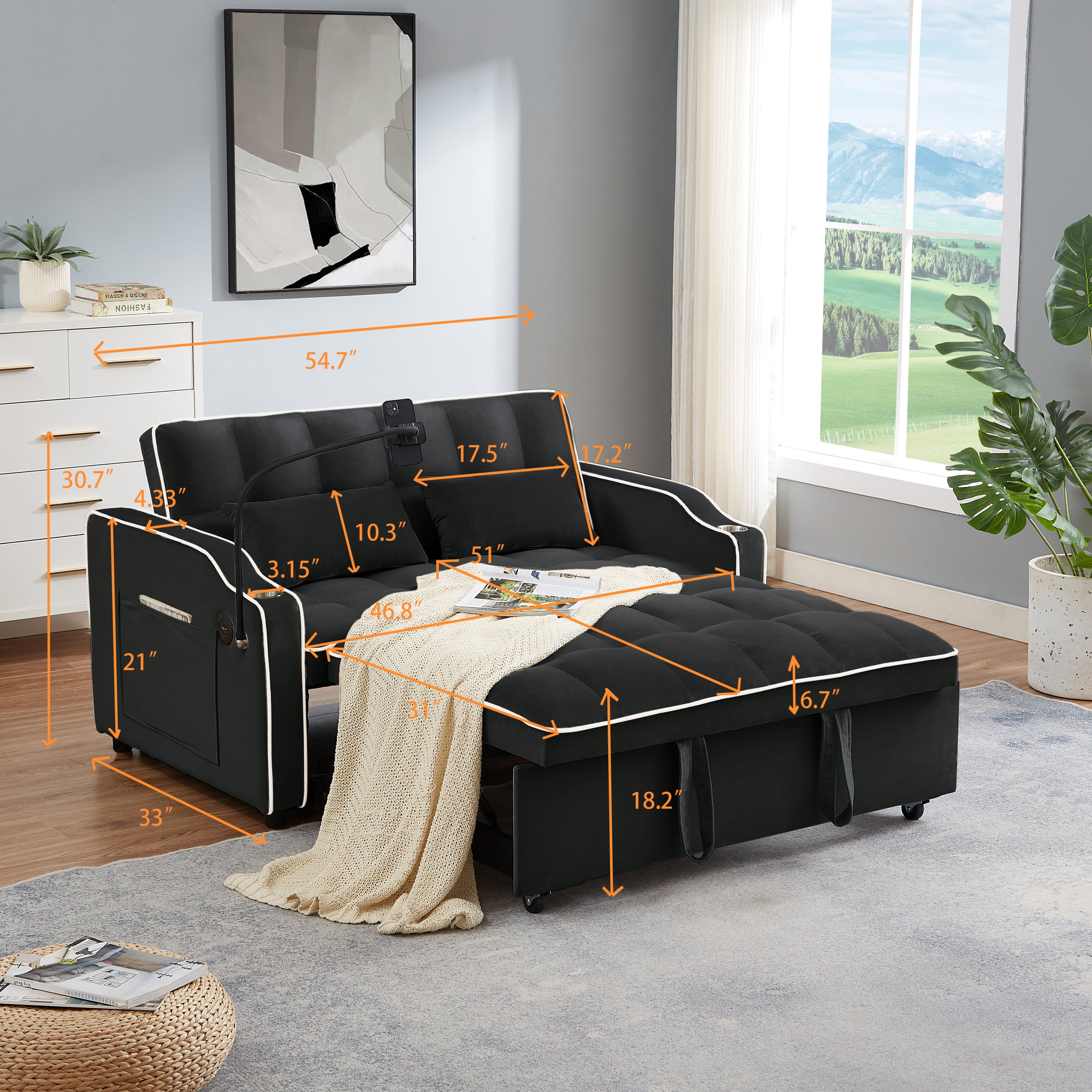 1 versatile foldable sofa bed in 3 lengths, modern sofa sofa sofa velvet pull-out bed, adjustable back and with USB port and ashtray and swivel phone stand (black)