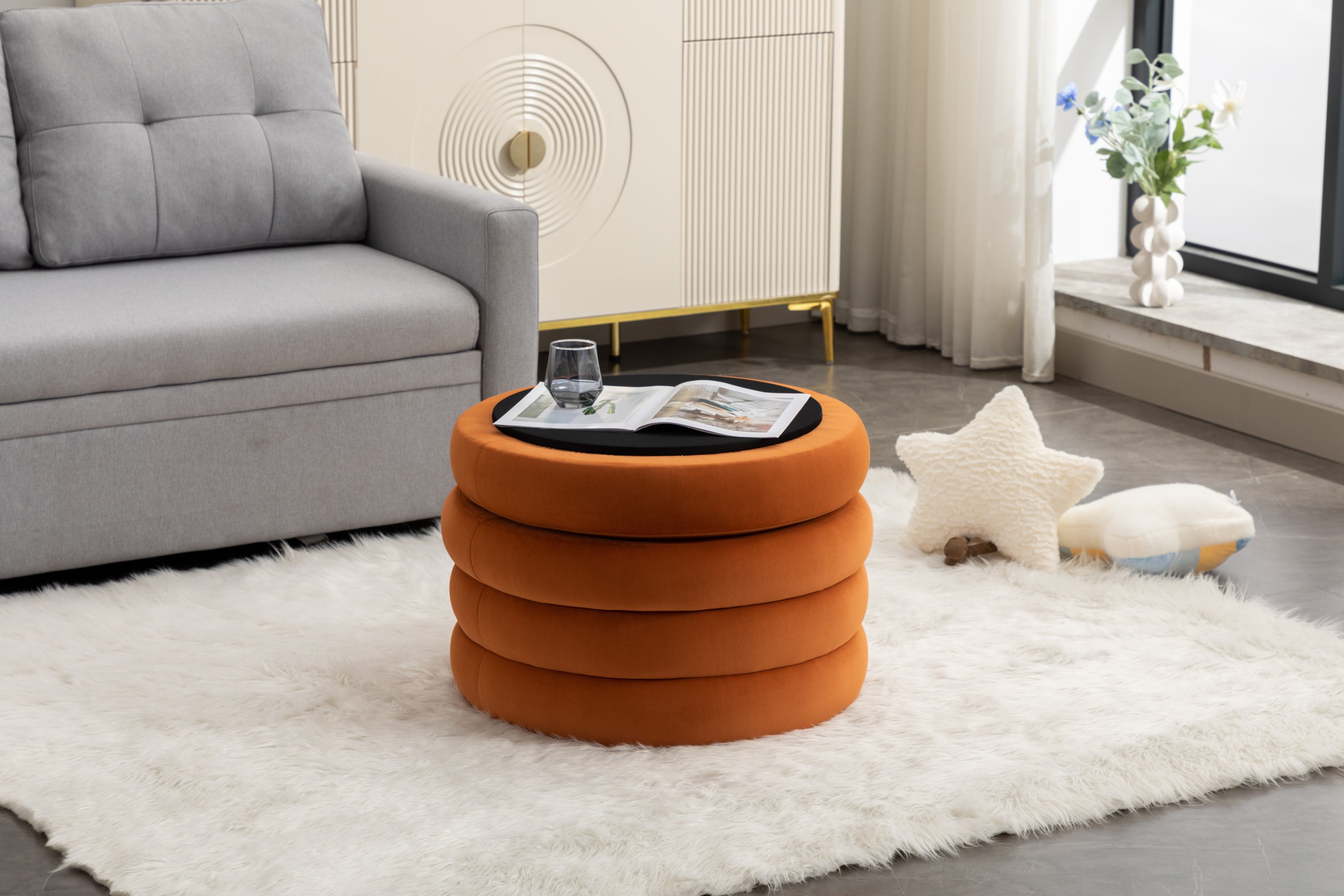 007-Velvet Fabric Storage Round Ottoman Footstool With Wooden Shelving,Orange