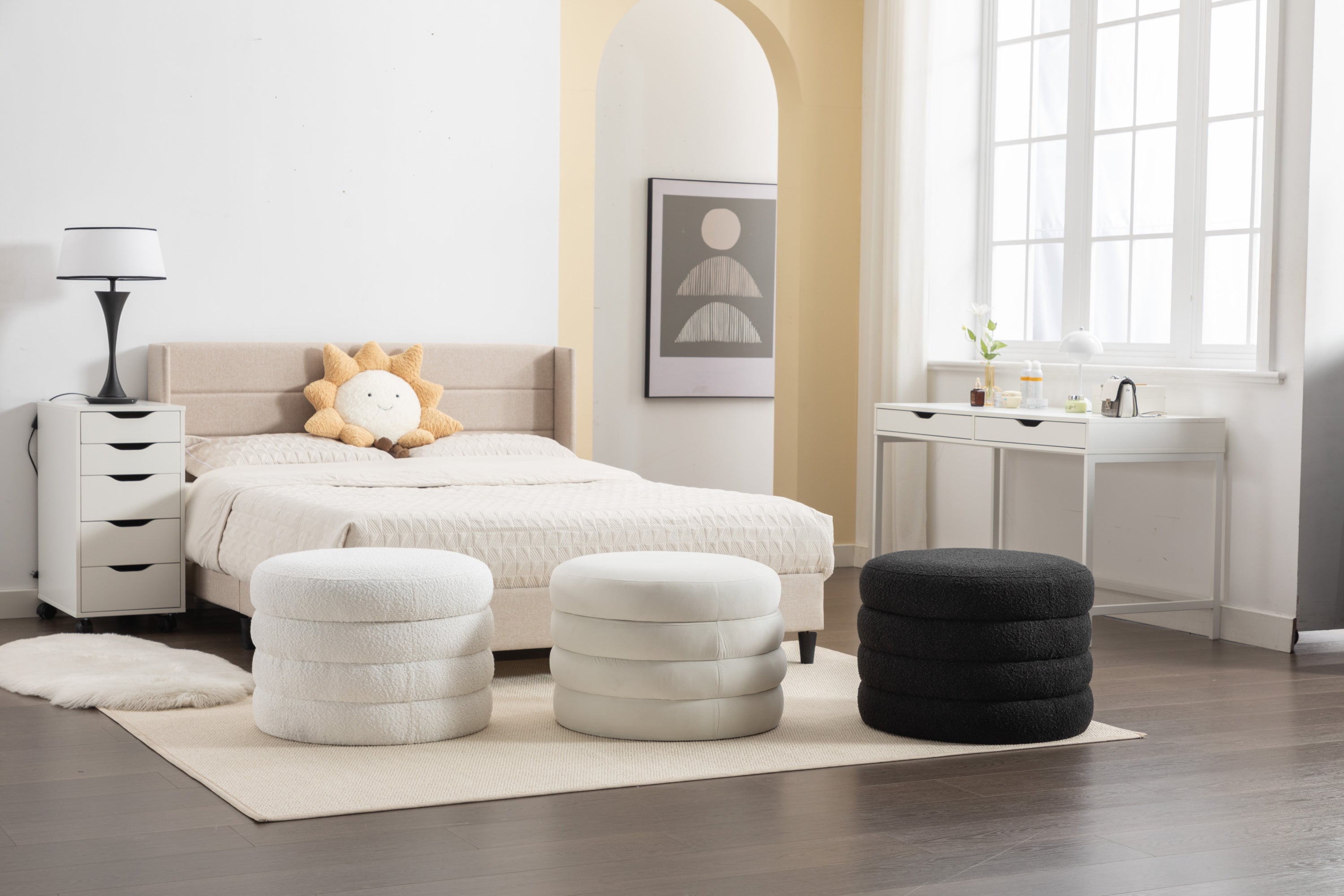 007-Velvet Fabric Storage Round Ottoman Footstool With Wooden Shelving,Ivory