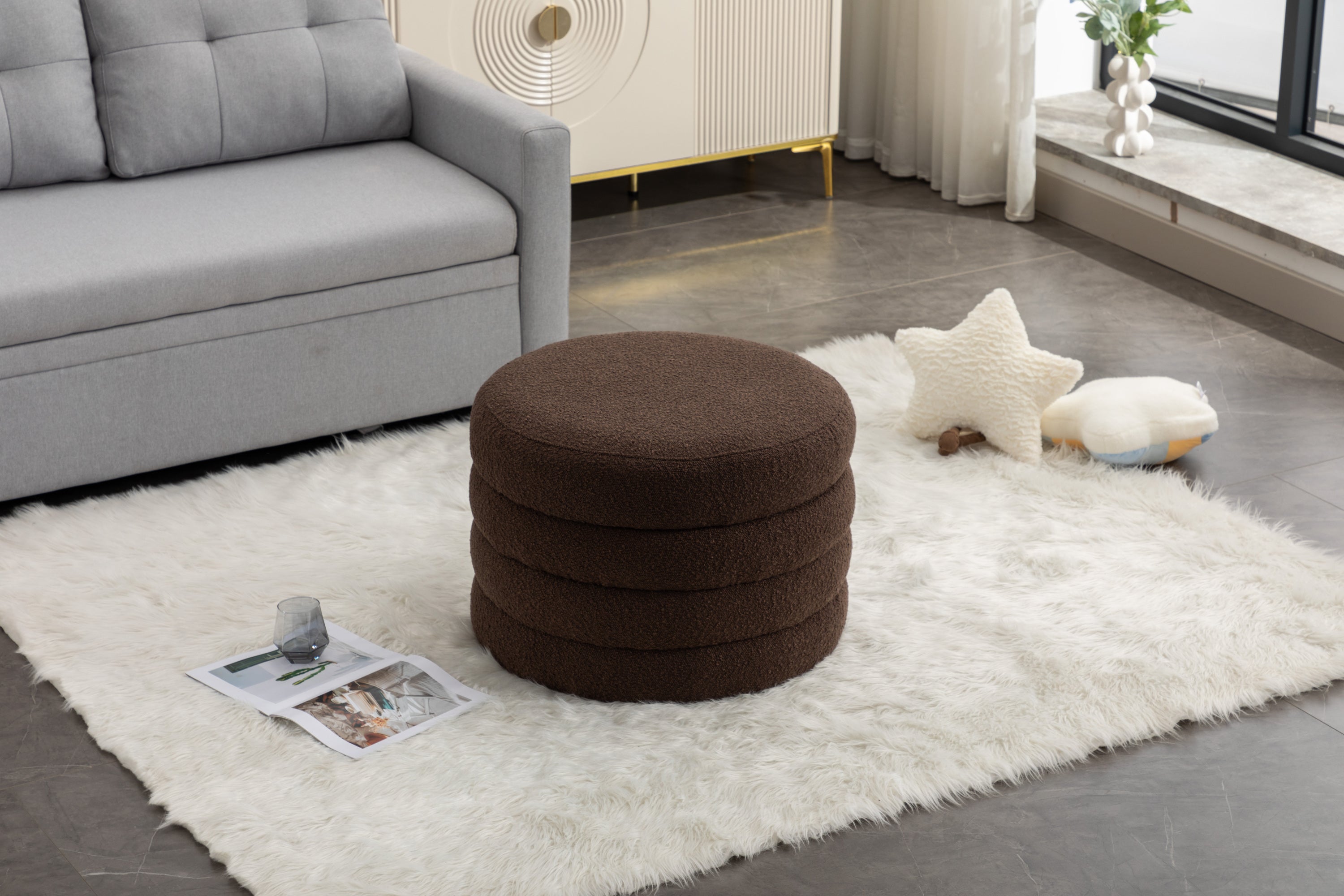 007-Boucle Fabric Storage Round Ottoman Footstool With Wooden Shelving,Brown