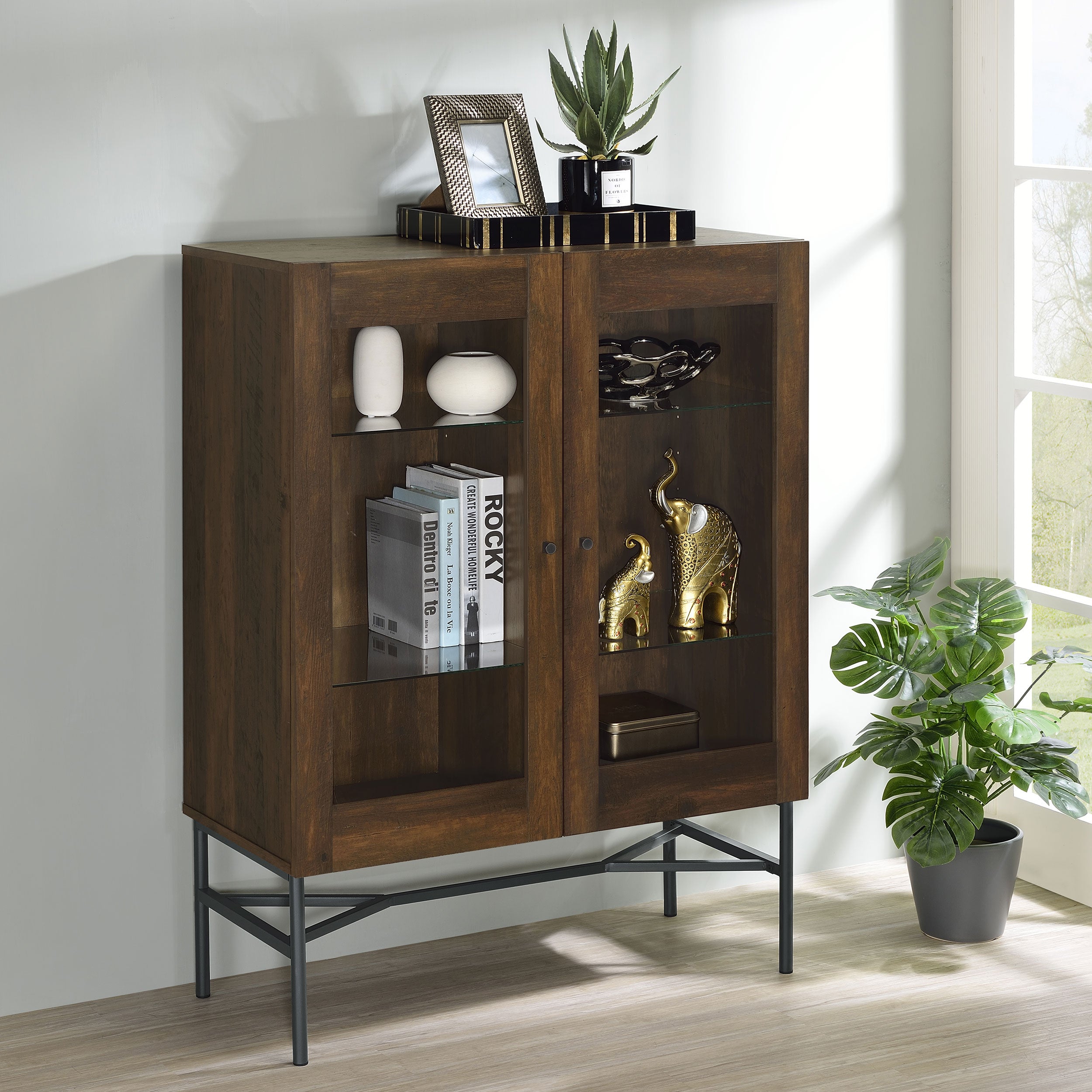 Bonilla 2-door Accent Cabinet with Glass Shelves Accent Cabinet Brown