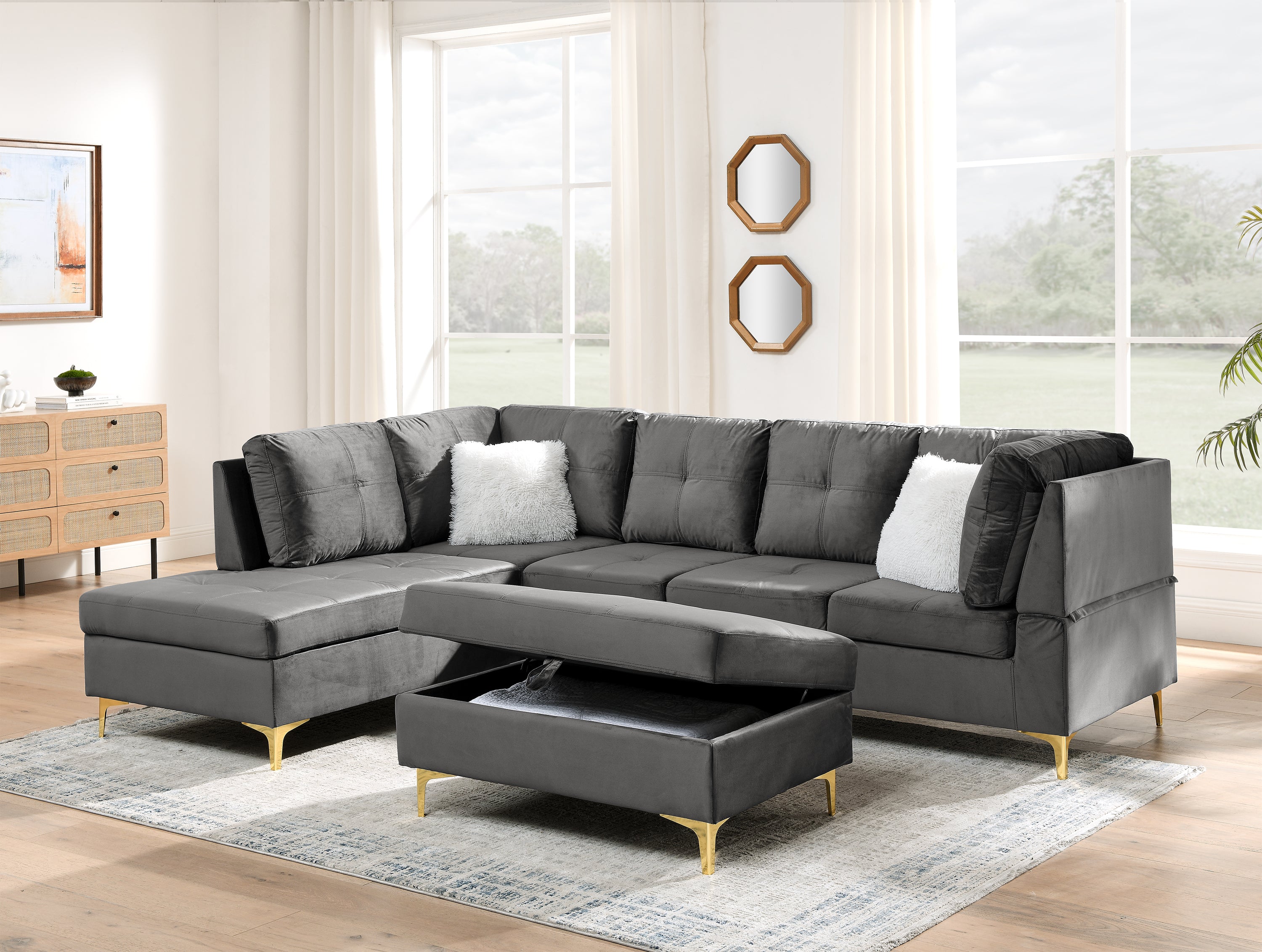 103" Velvet Sectional Sofa, L Shape Corner Couch with Storage Ottoman for Living Room, Gray Fabric, Pocket Coil Spring in Seats, Chaise face Left