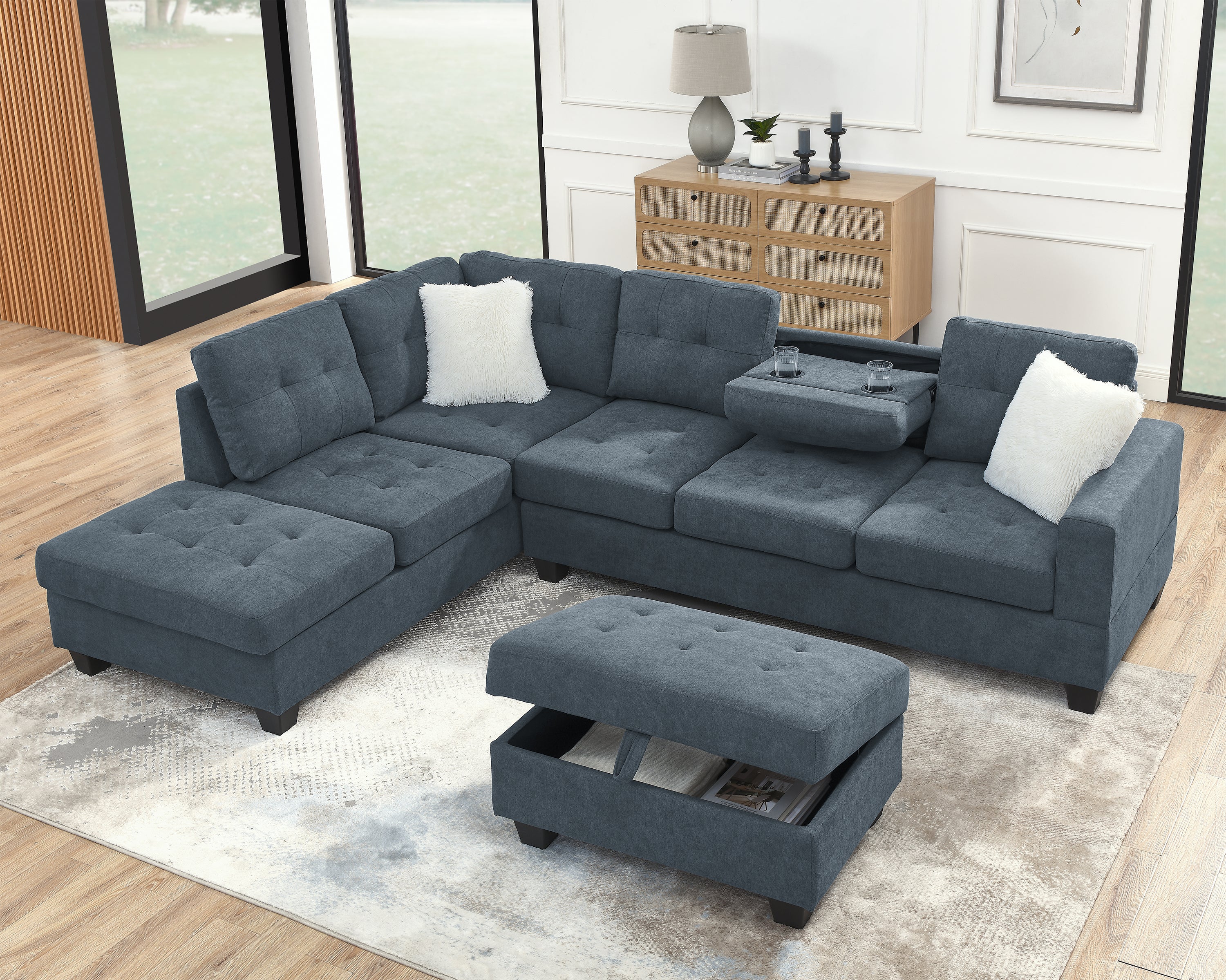 107" Fabric Sectional Sofa Couch with Storage Ottoman, L Shape sofa with Folded Cup Holder Panel for Living Room, Dark Gray, Pocket Coil Spring in Seats