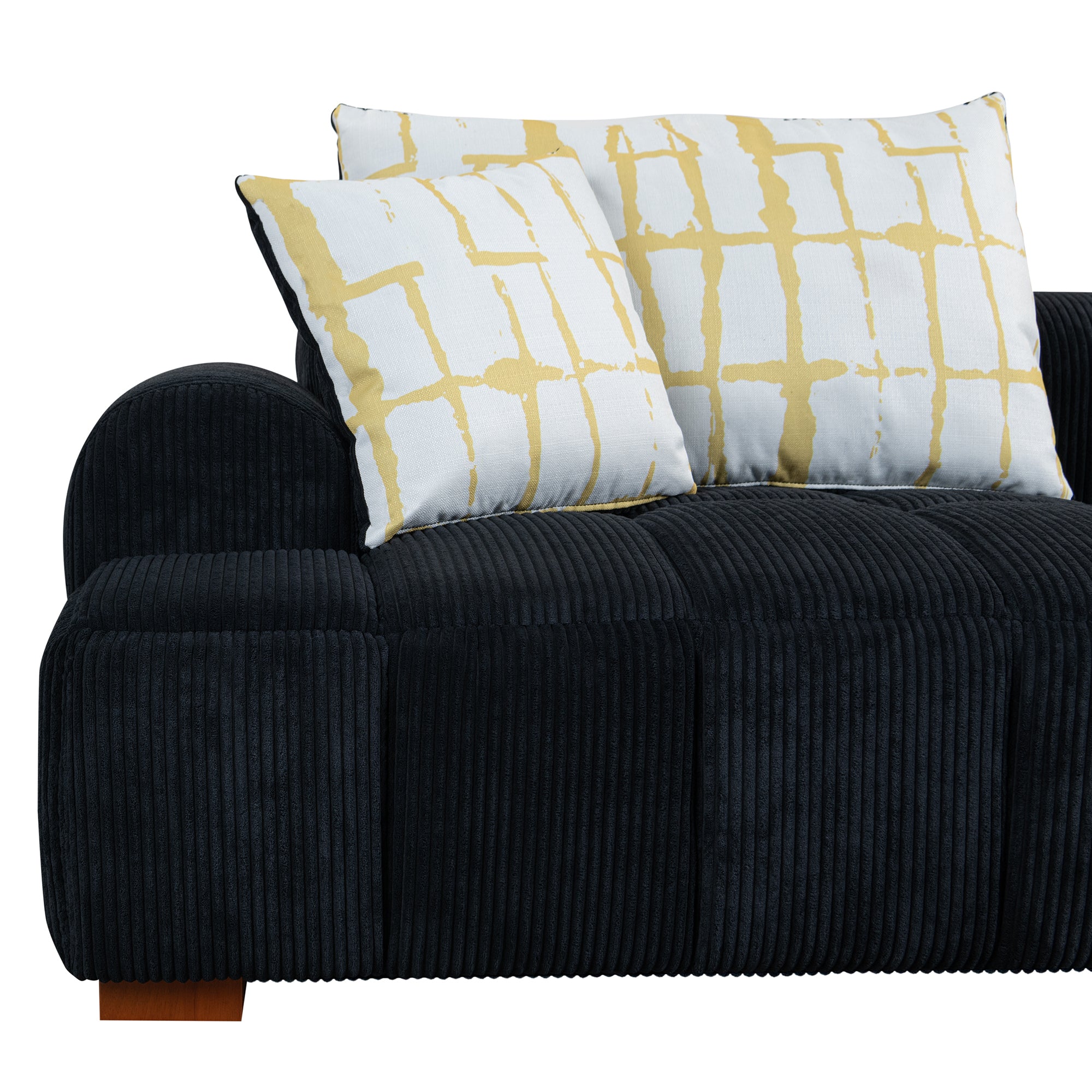 103.9" Modern Couch Corduroy Fabric Comfy Sofa with Rubber Wood Legs, 4 Pillows for Living Room, Bedroom, Office, Black