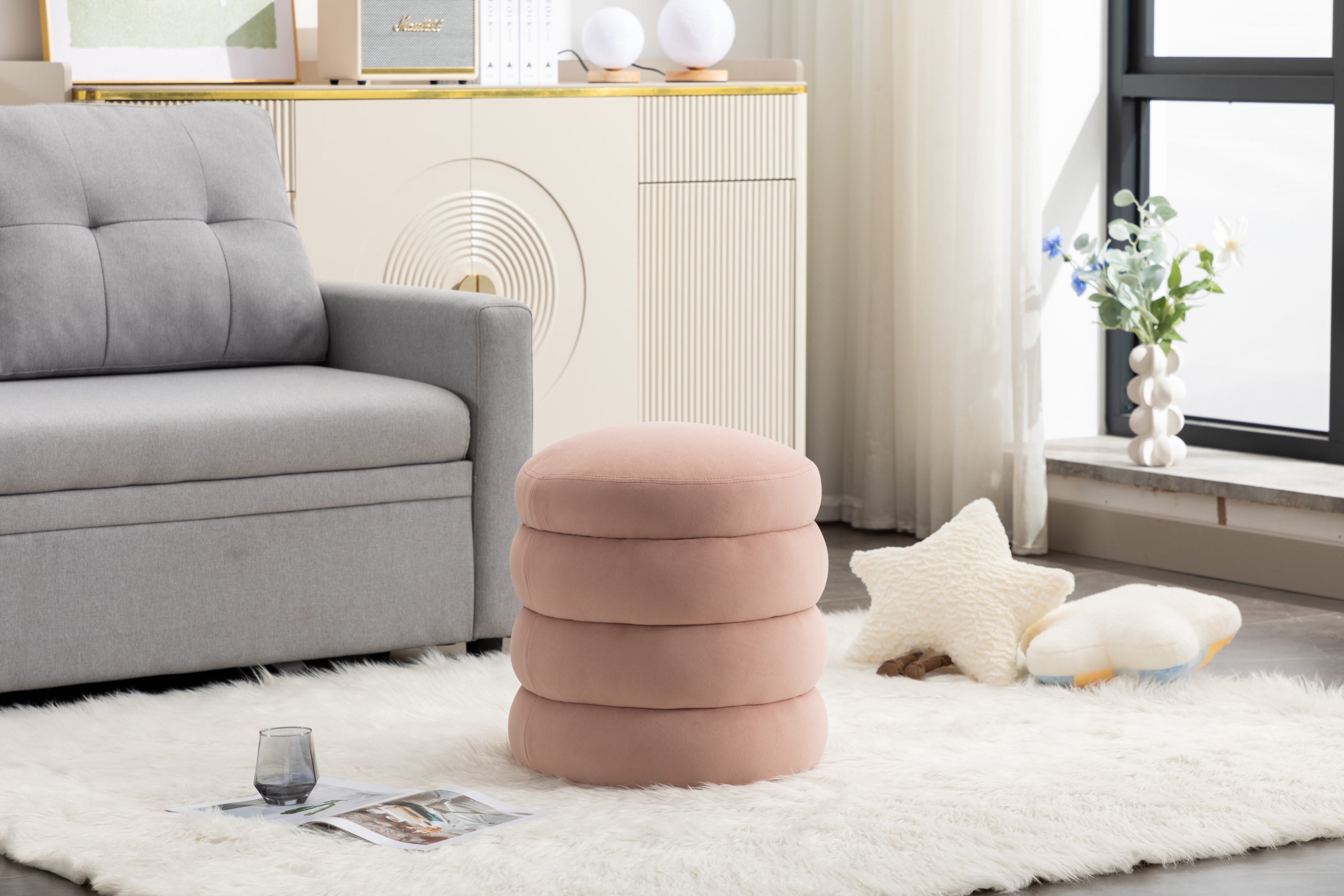 006-Soft Velvet Round Ottoman Footrest Stool,Pink