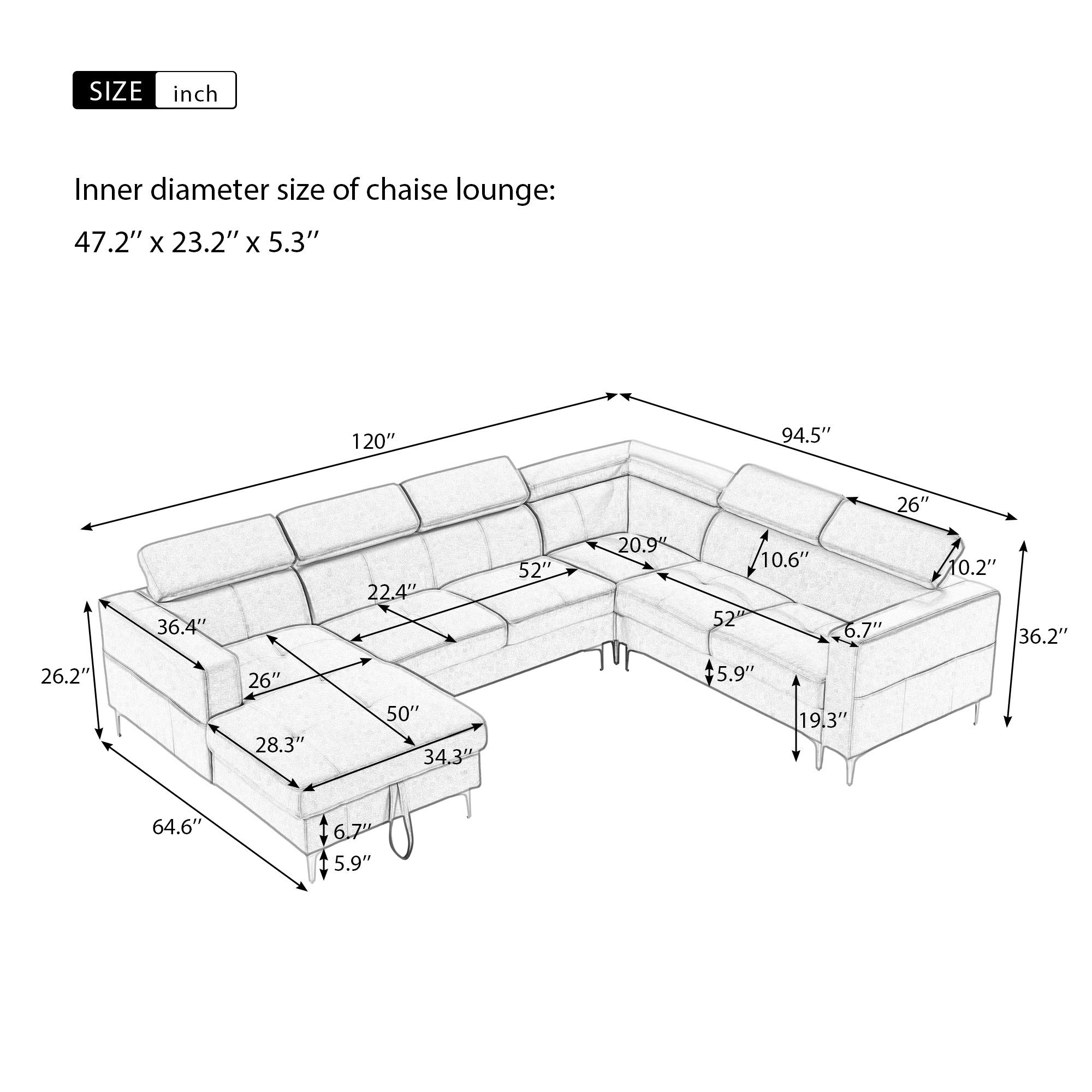 120'* 94.5" 3-Piece Sectional Sofa U Shape with Storage Left Chaise Lounge with Head Adjustment Linen Fabric (DC Smoke Wood Color)