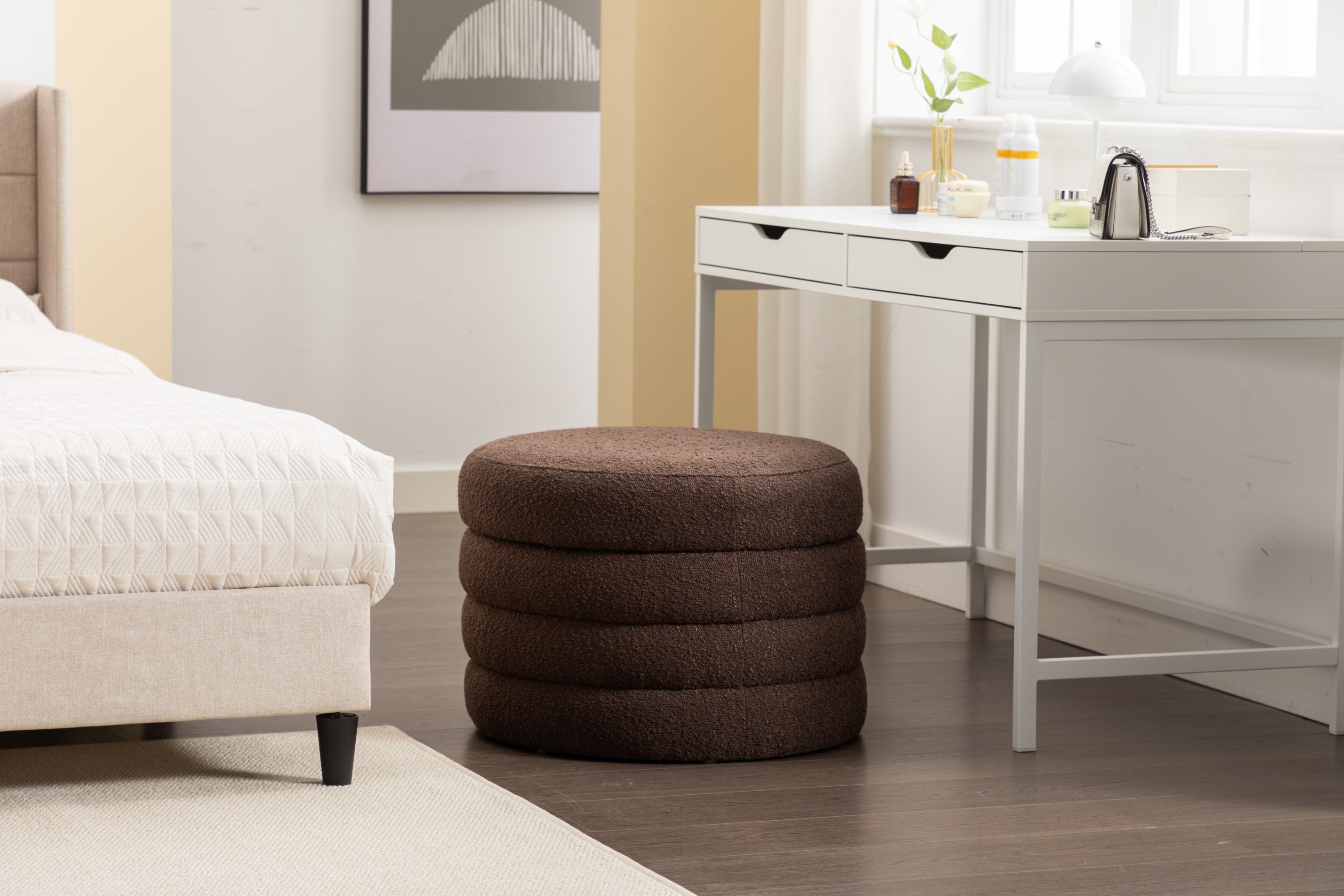 007-Boucle Fabric Storage Round Ottoman Footstool With Wooden Shelving,Brown