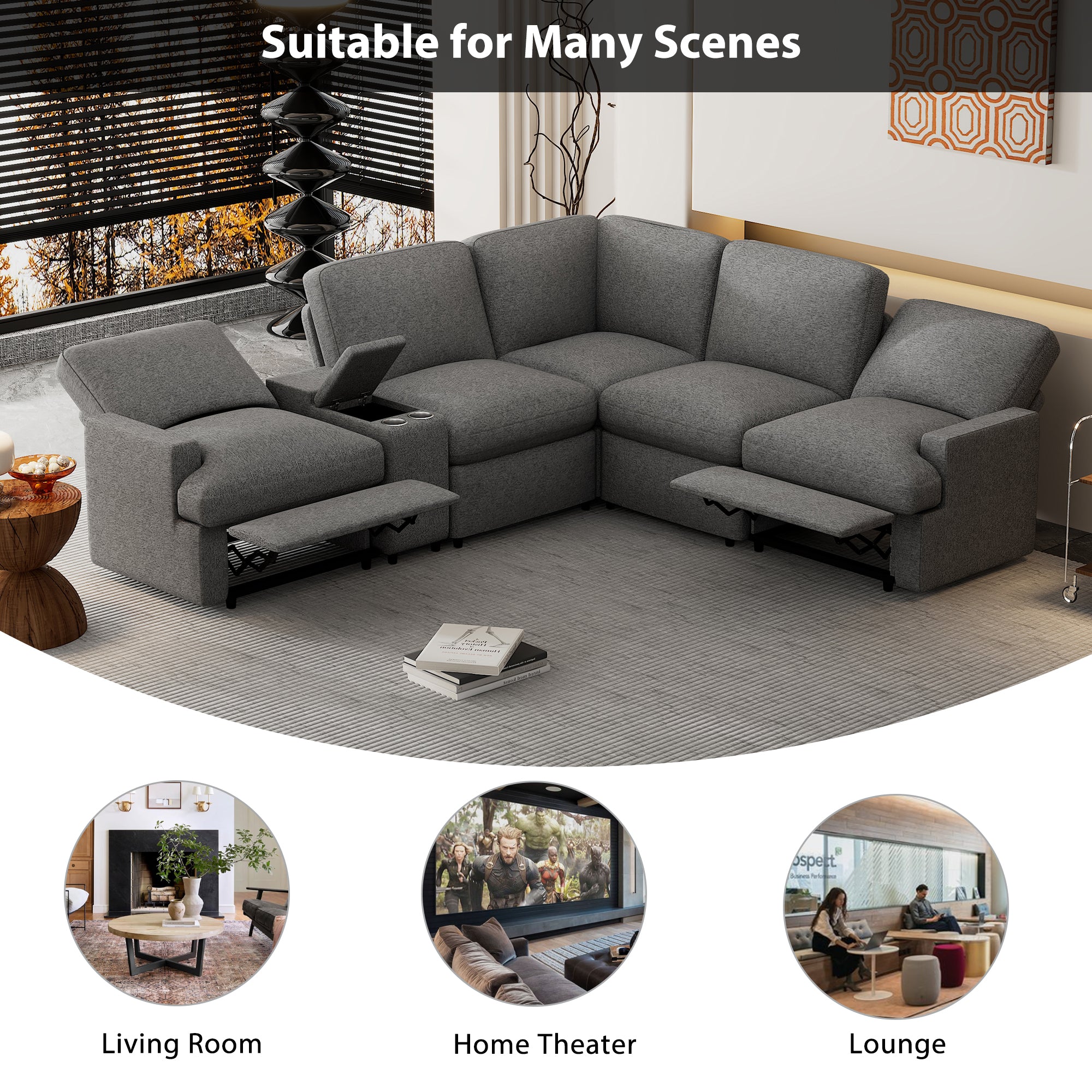 104'' Power Recliner Corner Sofa Home Theater Reclining Sofa Sectional Couches with Storage Box, Cup Holders, USB Ports and Power Socket for Living Room, Dark Grey