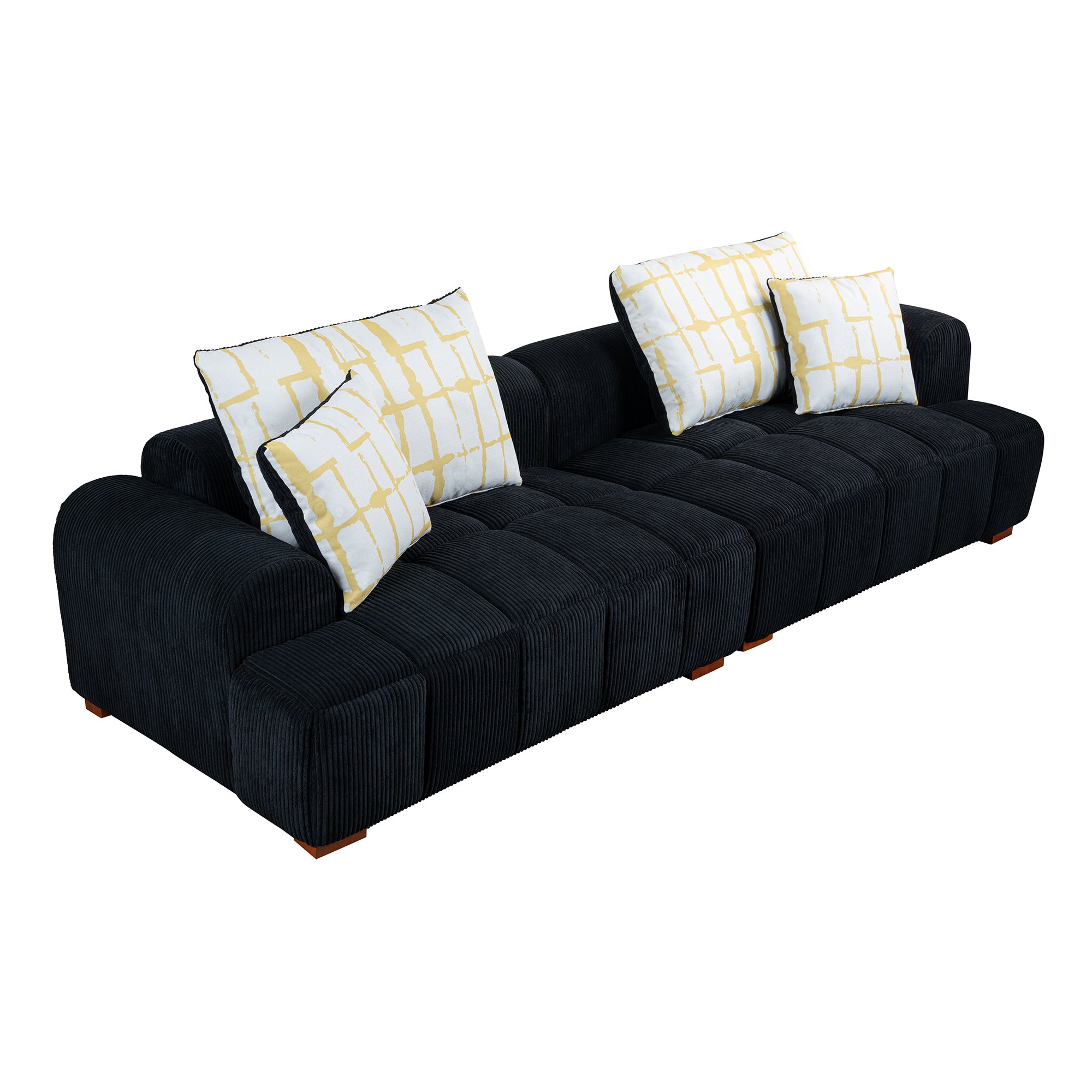 103.9" Modern Couch Corduroy Fabric Comfy Sofa with Rubber Wood Legs, 4 Pillows for Living Room, Bedroom, Office, Black