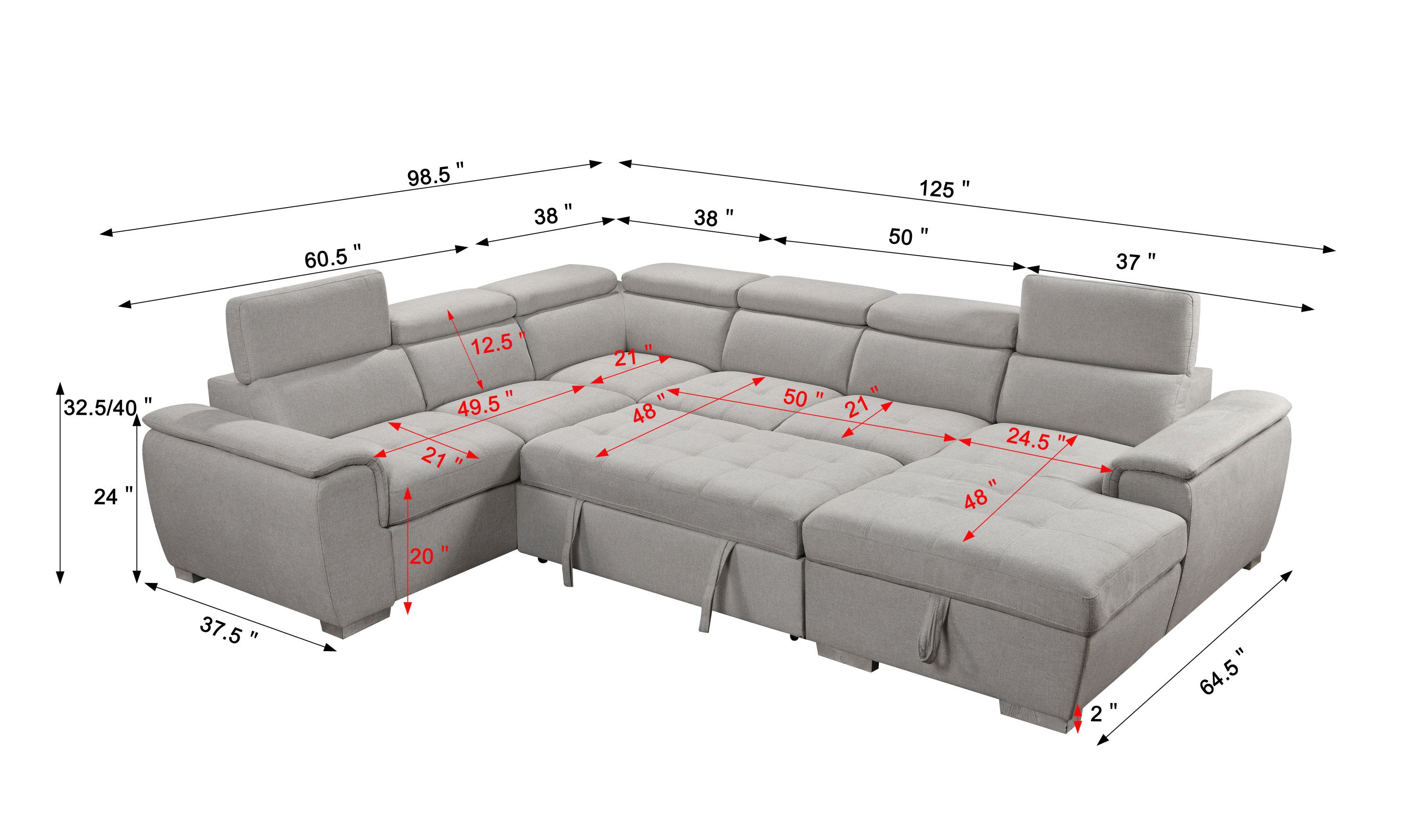 125" Modern U Shaped 7-seat Sectional Sofa Couch with Adjustable Headrest, Sofa Bed with Storage Chaise-Pull Out Couch Bed for Living Room ,Beige