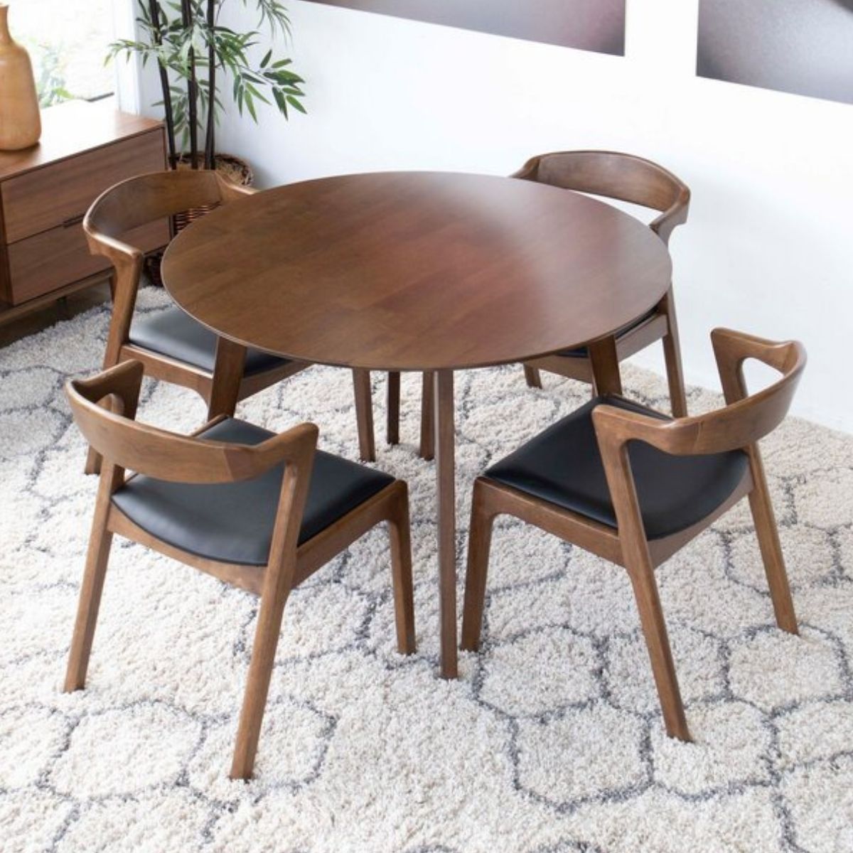 Aliana Walnut Dining Set with 4 Reggie Black Leather Chairs