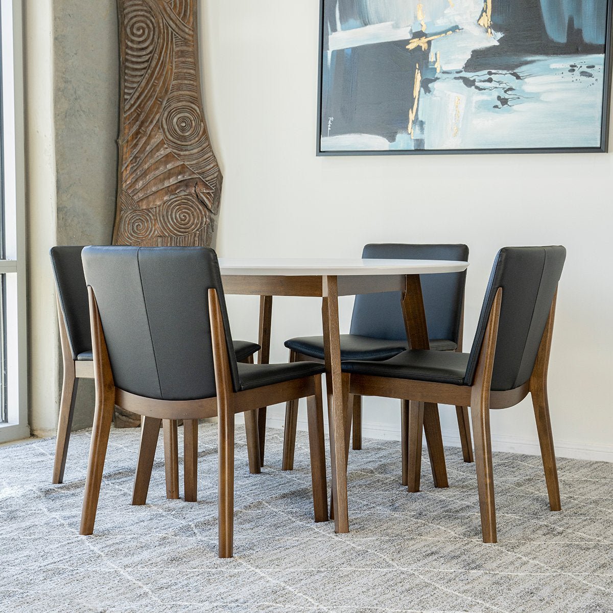 Aliana White Dining Set with 4 Virginia Black Leather Chairs